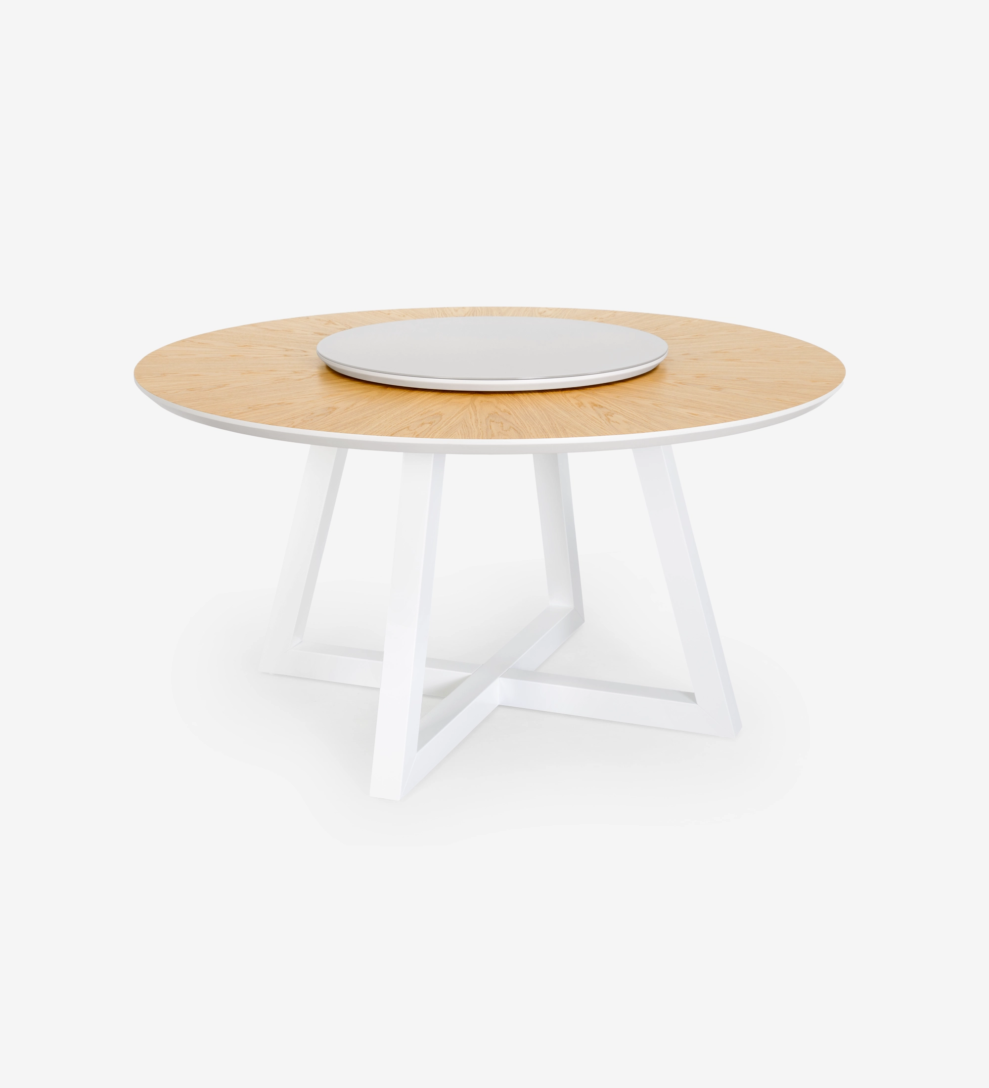 Table de repas ronde Nice Ø 150 cm, plateau bas en chêne naturel, plateau tournant en verre et pieds laqués nacrés.