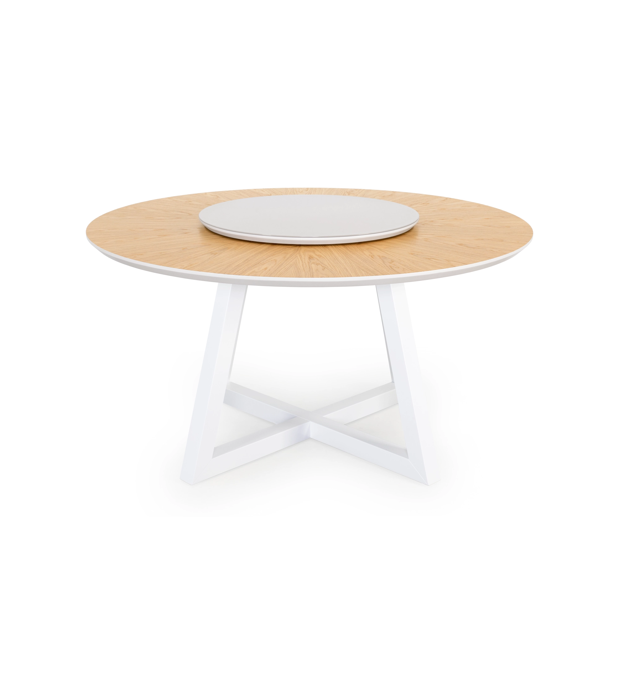 Belle table à manger ronde Ø 150 cm, plateau inférieur en chêne naturel, plateau supérieur rotatif laqué perlé avec verre et pieds laqués perlé.