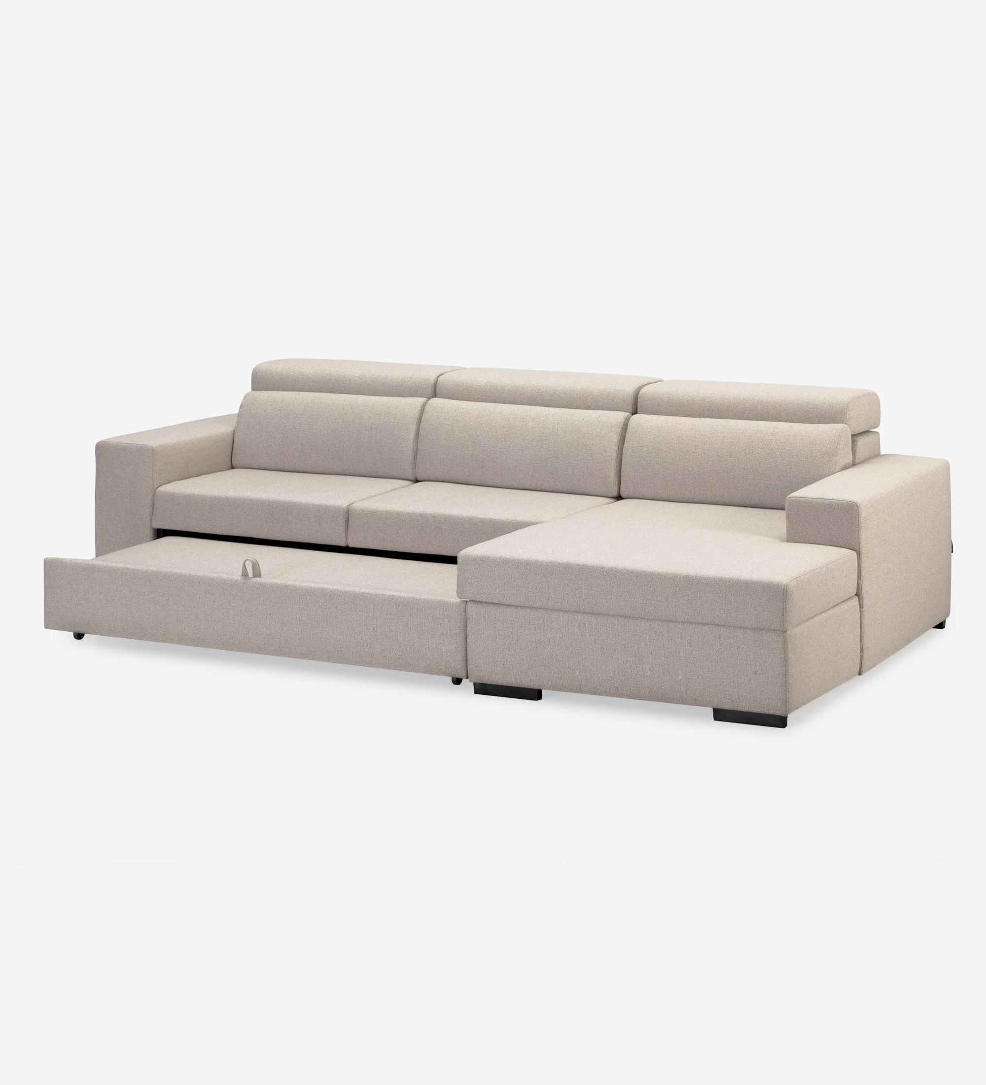 Évora 2-seater sofa bed and chaise, upholstered in beige fabric, reclining headrests, extendable seats and storage in the chaise, 272 cm.