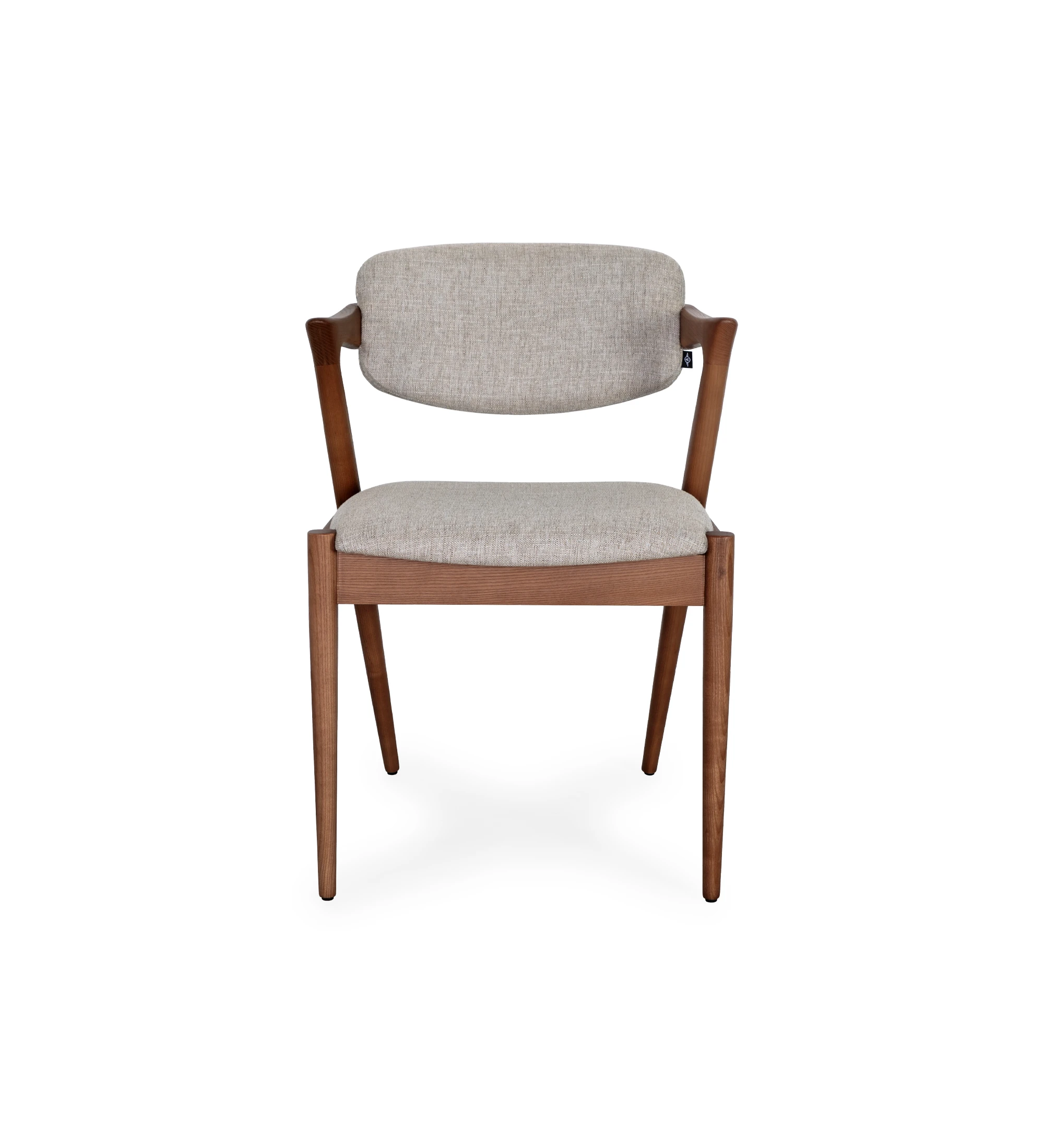 Chair in walnut-colored ash wood, with seat and back upholstered in fabric.