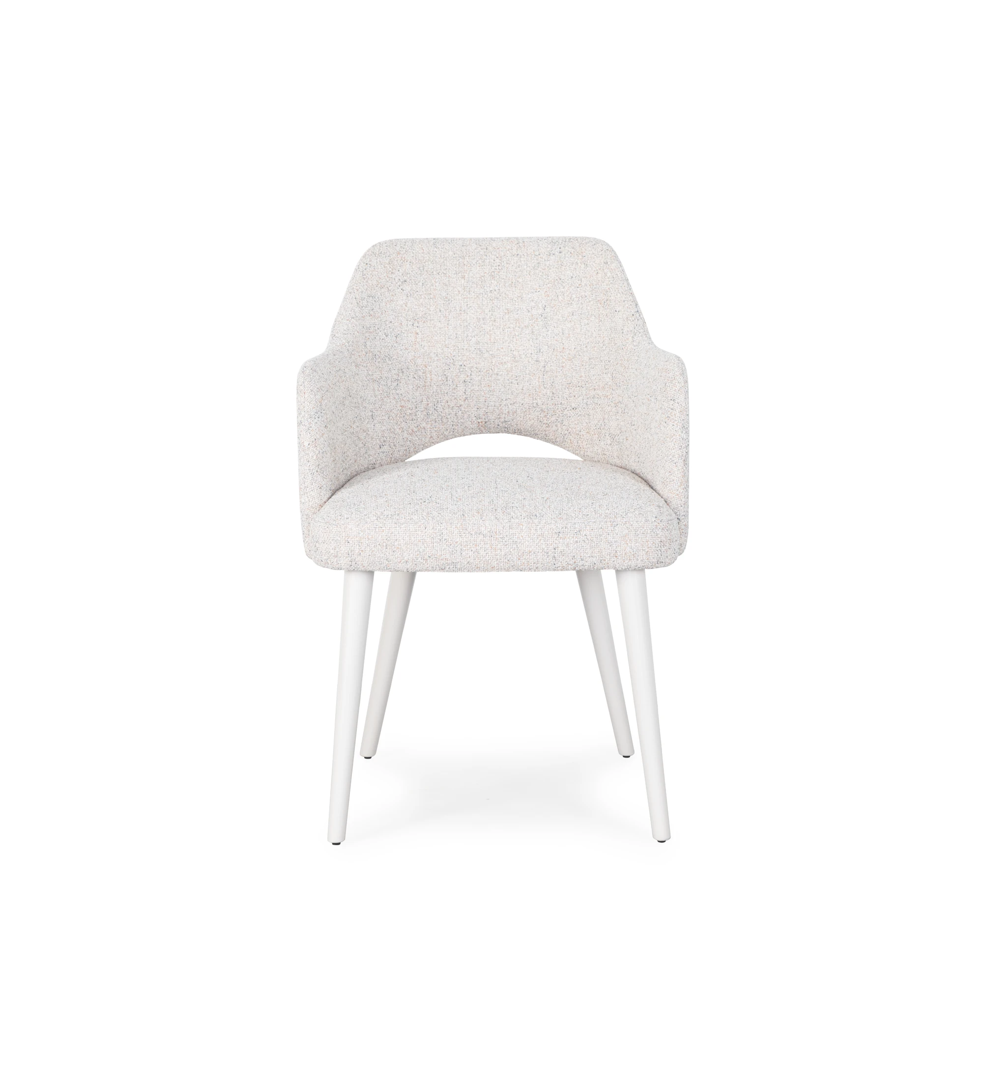 Chair with armrests upholstered in pearl fabric and pearl lacquered foot.