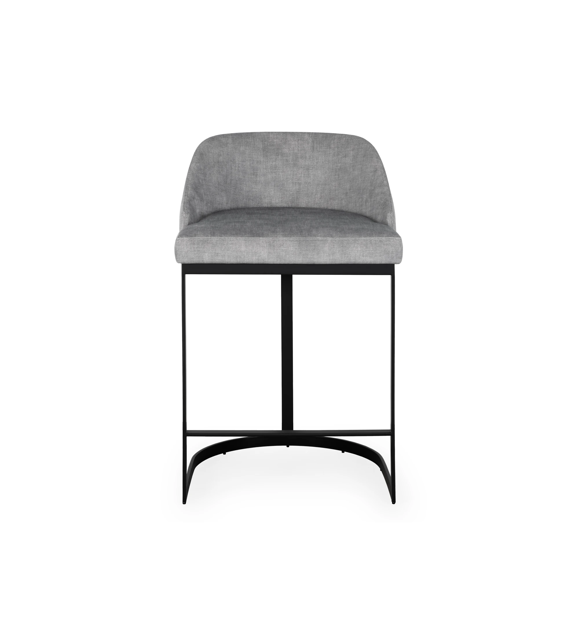 Banc avec assise et dossier recouverts de tissu velours gris, avec pied structure en métal laqué noir