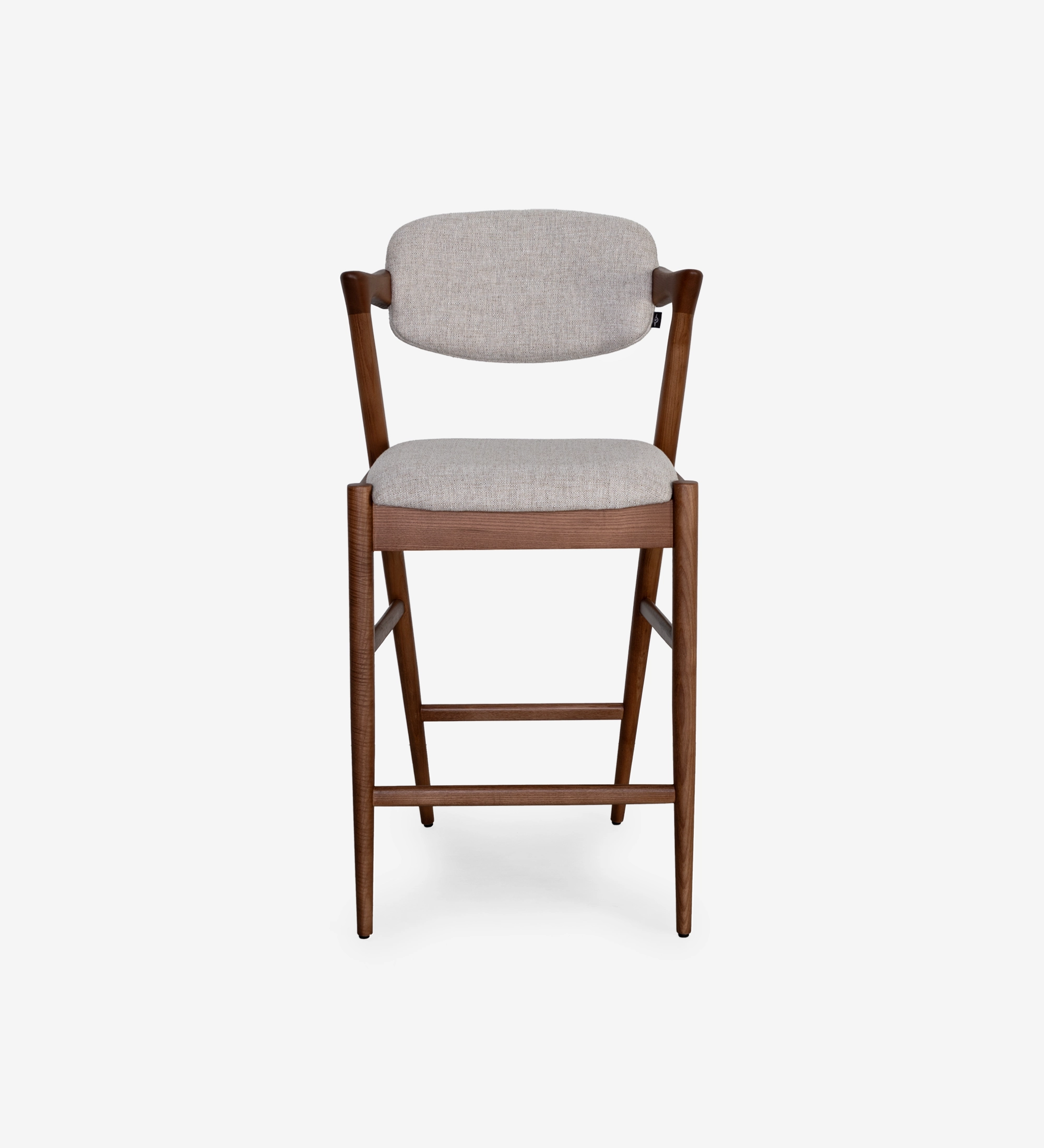 Stool in walnut-colored ash wood, with seat and back upholstered in gray fabric.