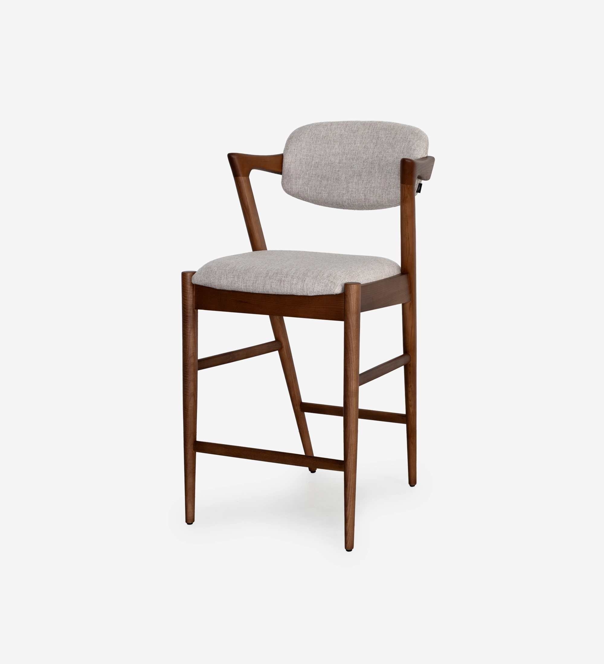 Stool in walnut-colored ash wood, with seat and back upholstered in gray fabric.