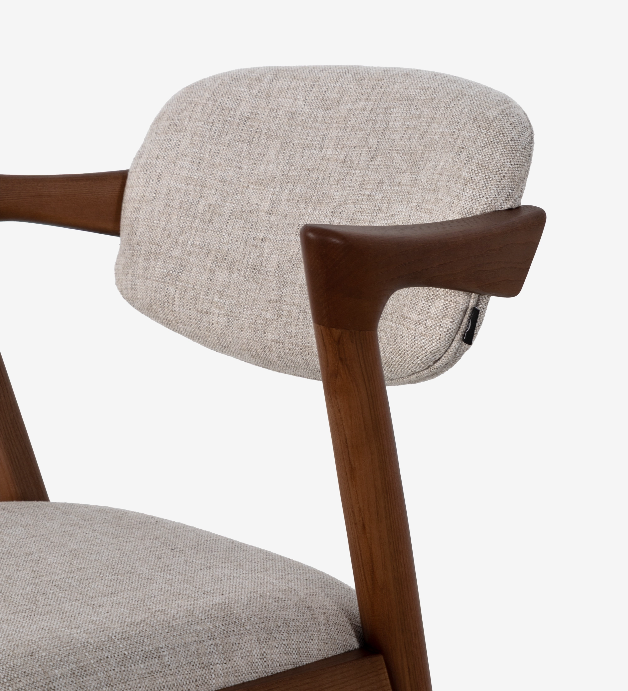 Stool in walnut-colored ash wood, with seat and back upholstered in gray fabric.