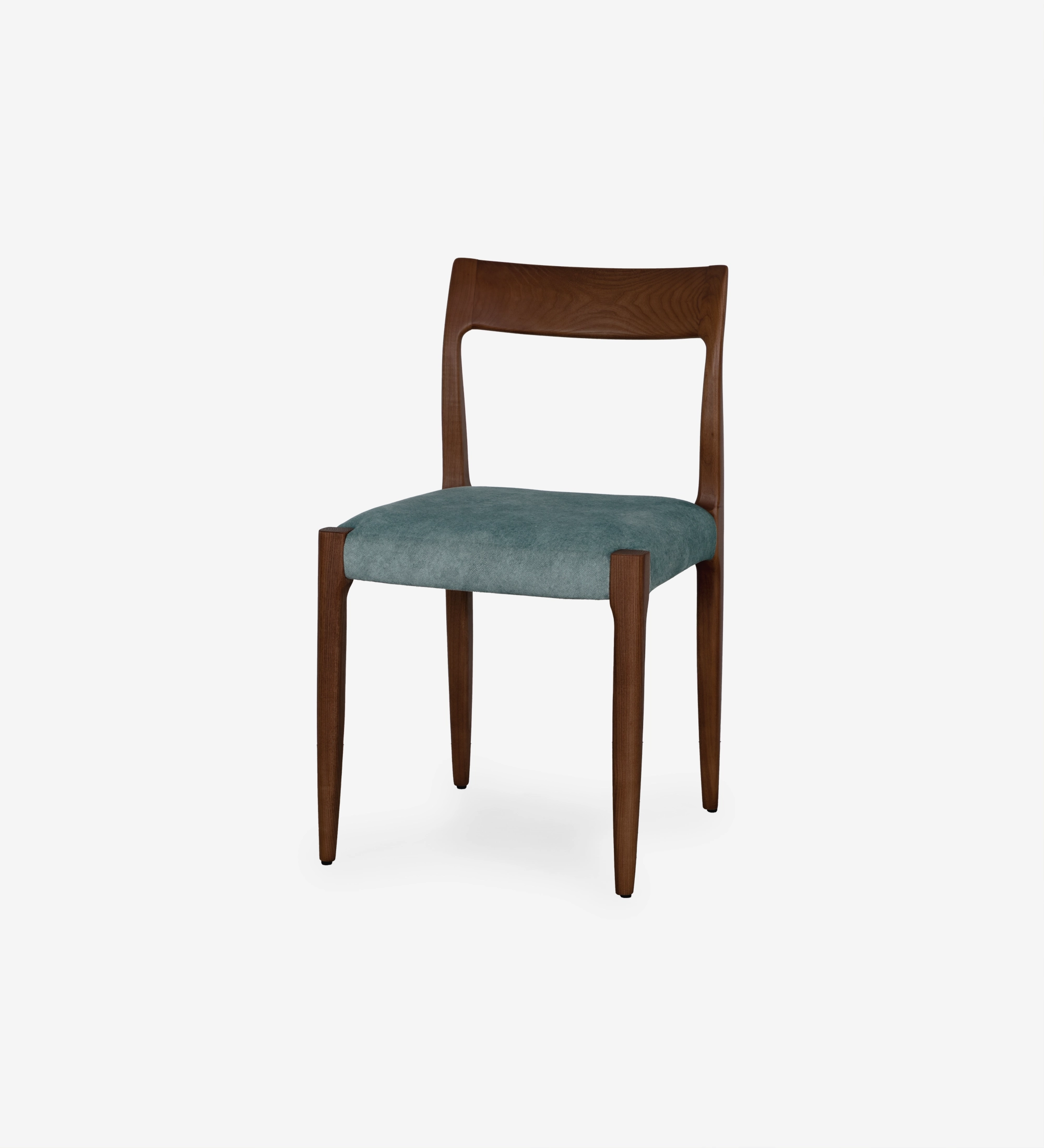 Walnut colored wooden chair with seat upholstered in blue fabric.