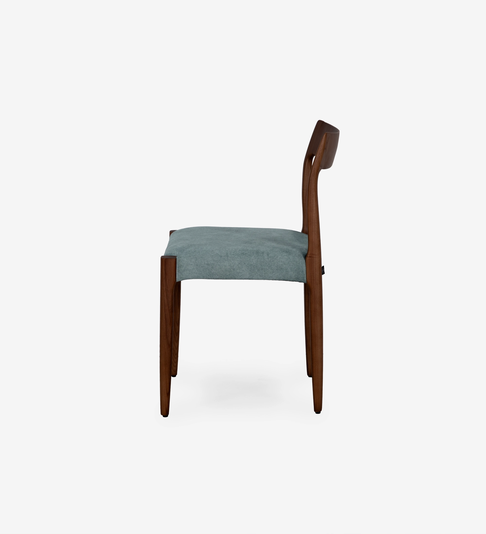 Walnut colored wooden chair with seat upholstered in blue fabric.