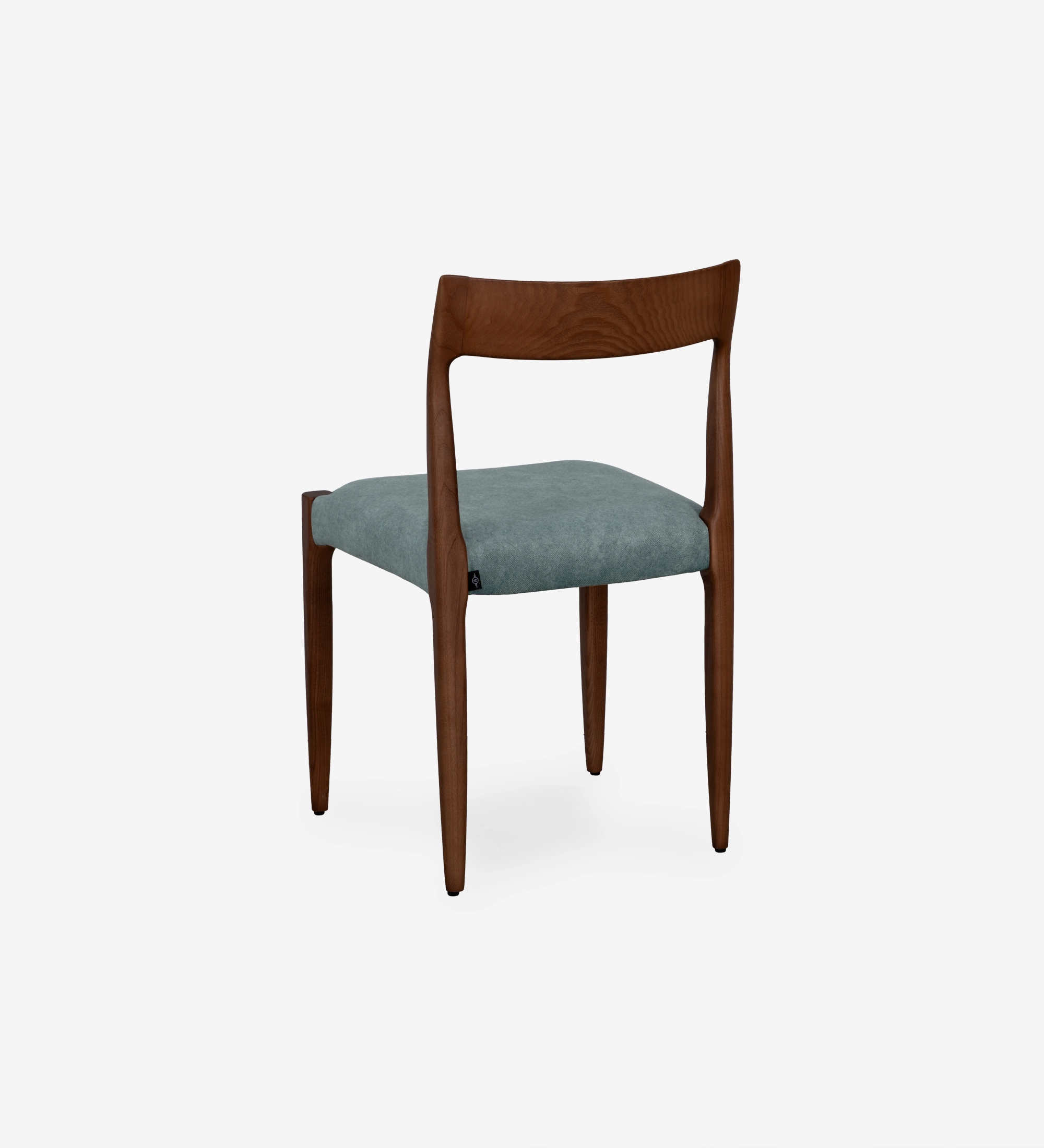 Walnut colored wooden chair with seat upholstered in blue fabric.