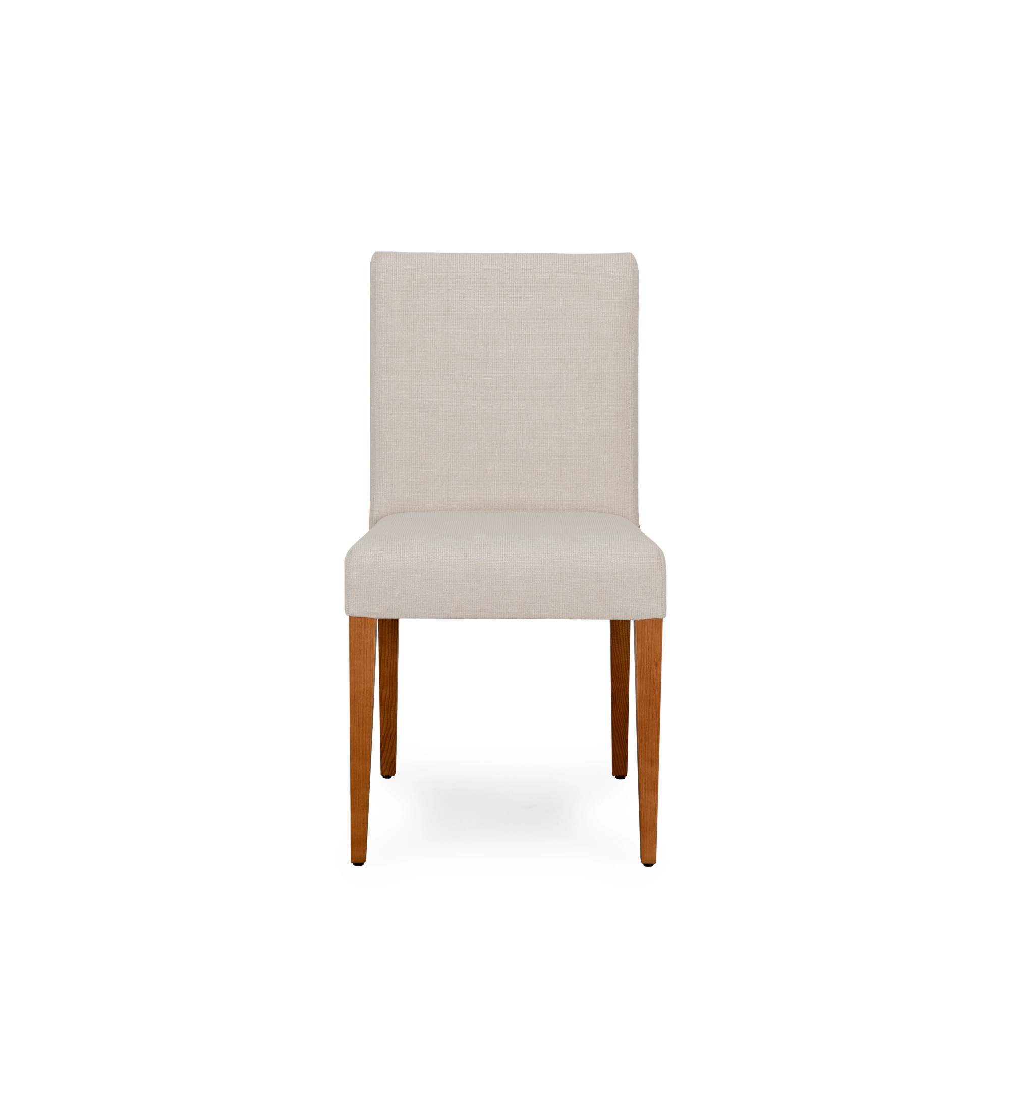 Silla tapizada en tela beige, con patas de madera color miel.