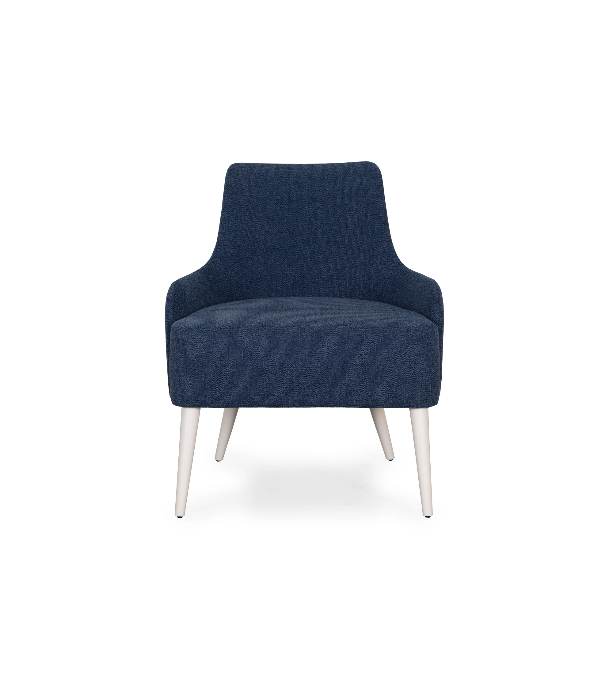 Oslo armchair upholstered in blue fabric, pearl lacquered feet.