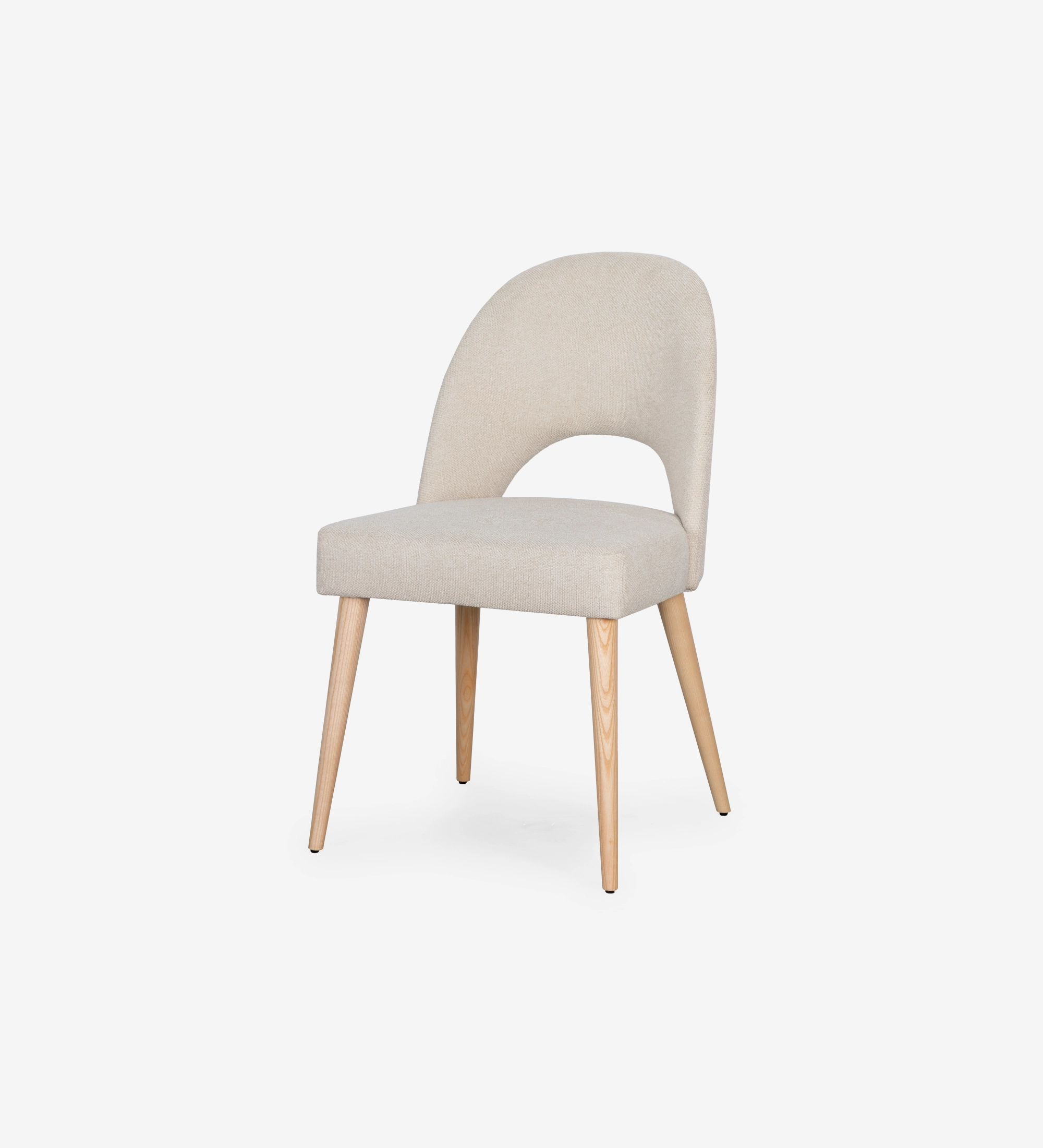 Chair upholstered in beige fabric, with natural colored wooden legs.