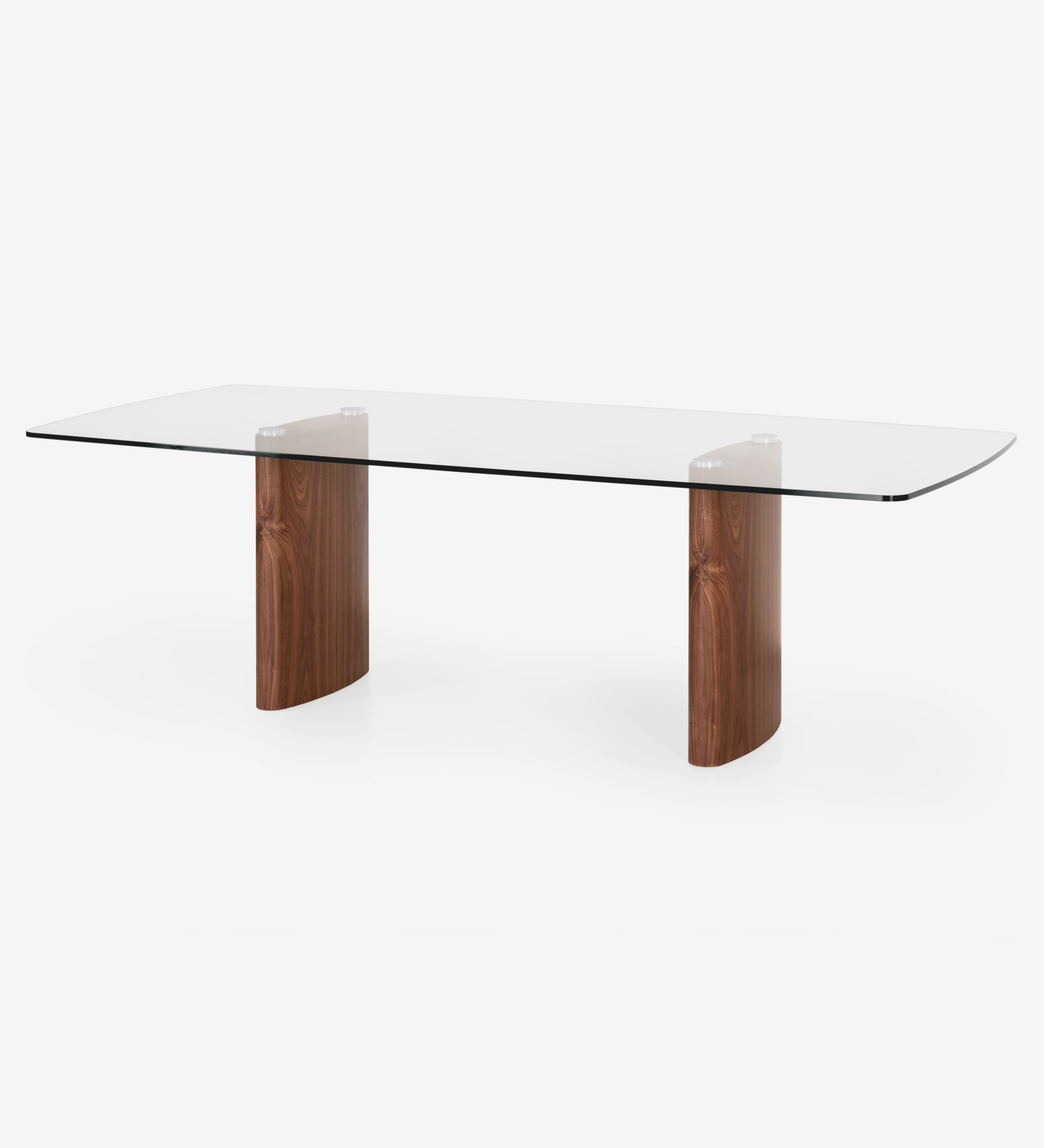 Table de repas rectangulaire Paris 180 x 100 cm, plateau en verre, pieds en noyer naturel. 