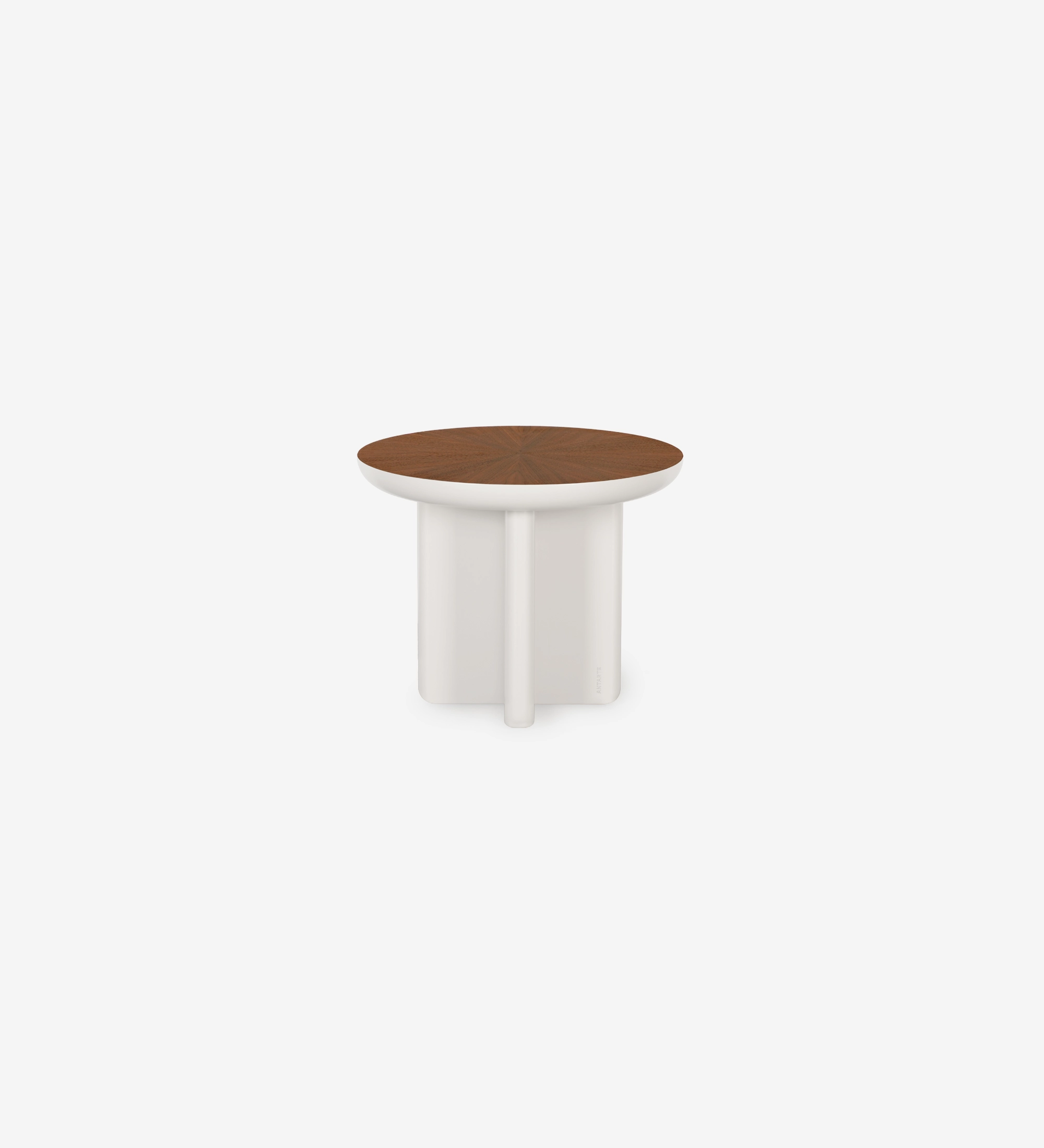 Mesa de centro Mónaco lacada a pérola com tampo folheado a nogueira natural, Ø 55 cm. 