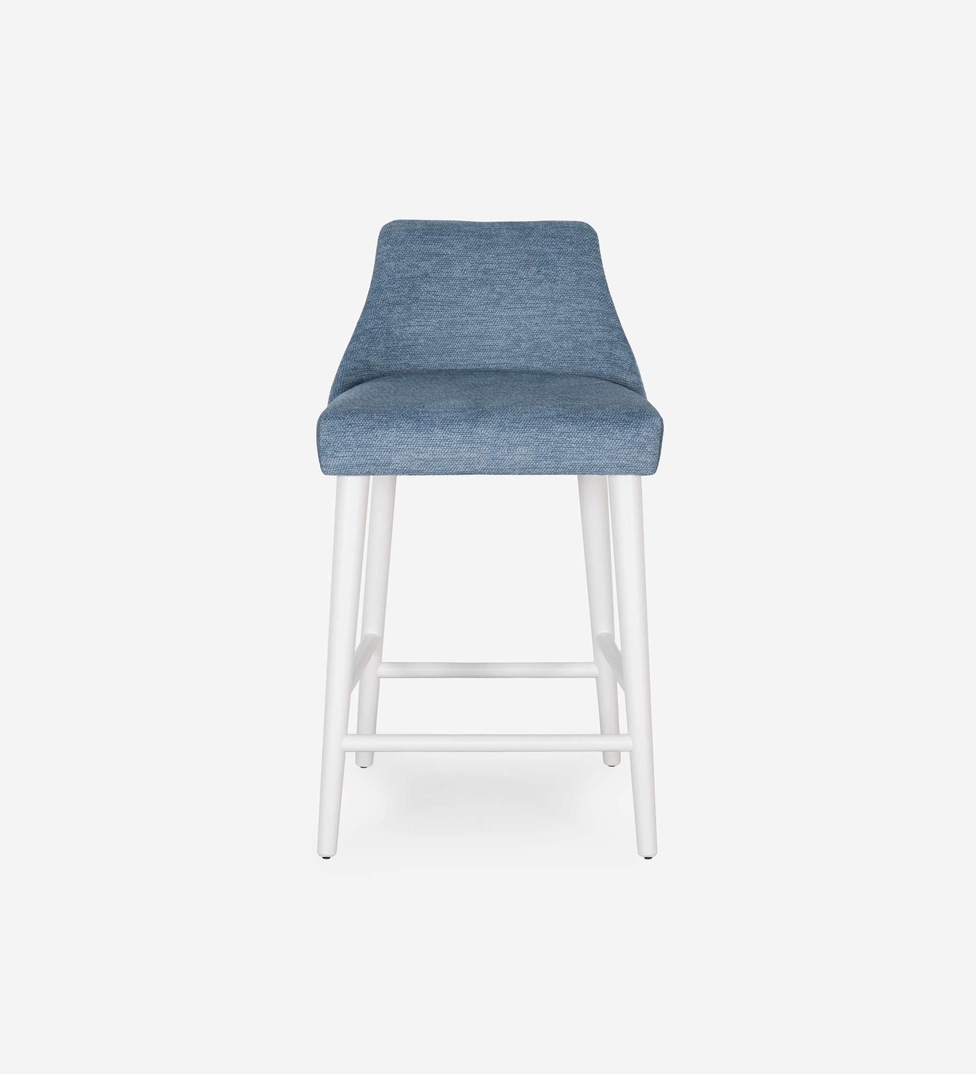 Banco alto Oslo estofado a tecido azul, pés lacados a pérola.