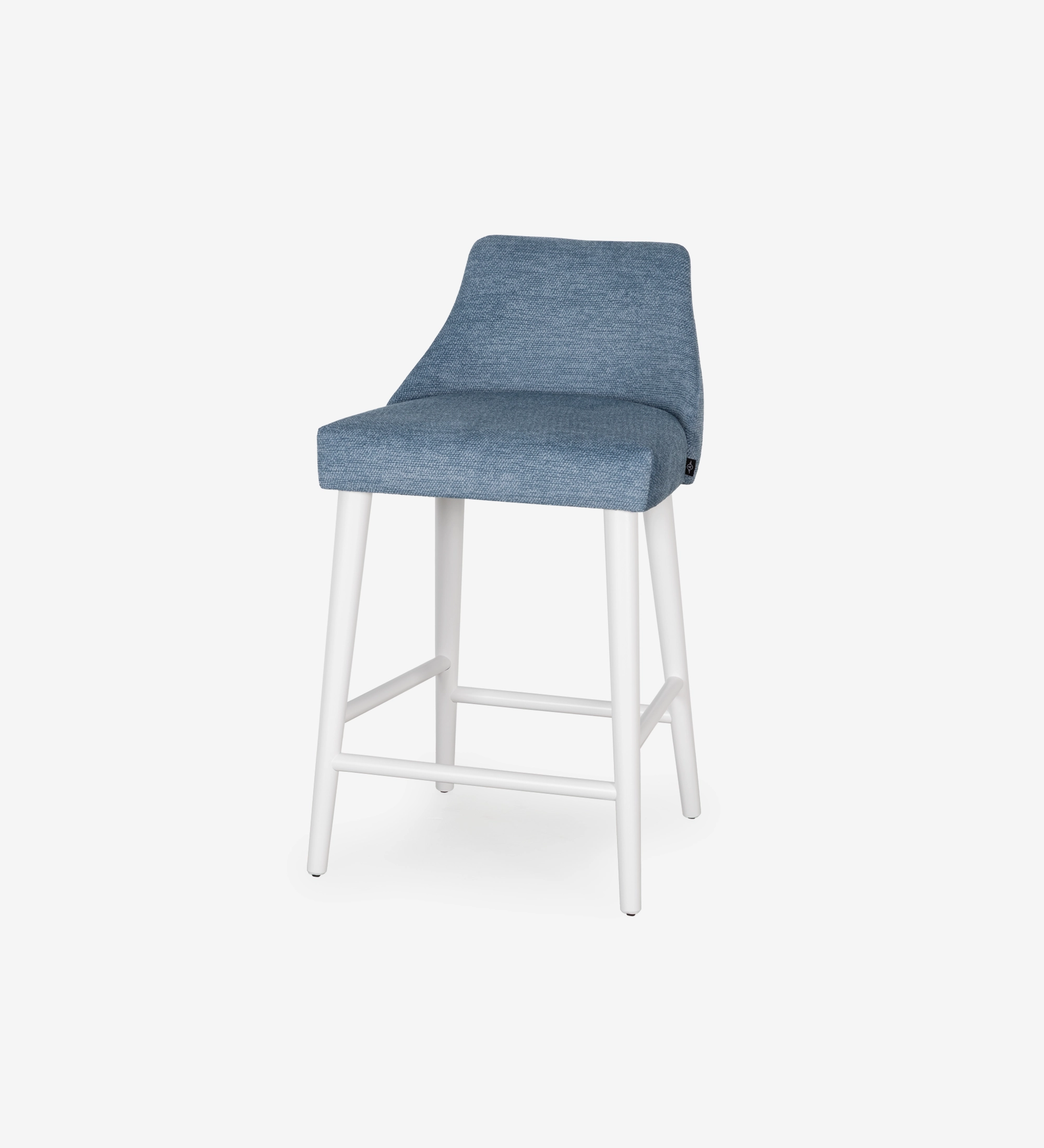 Banco alto Oslo estofado a tecido azul, pés lacados a pérola.