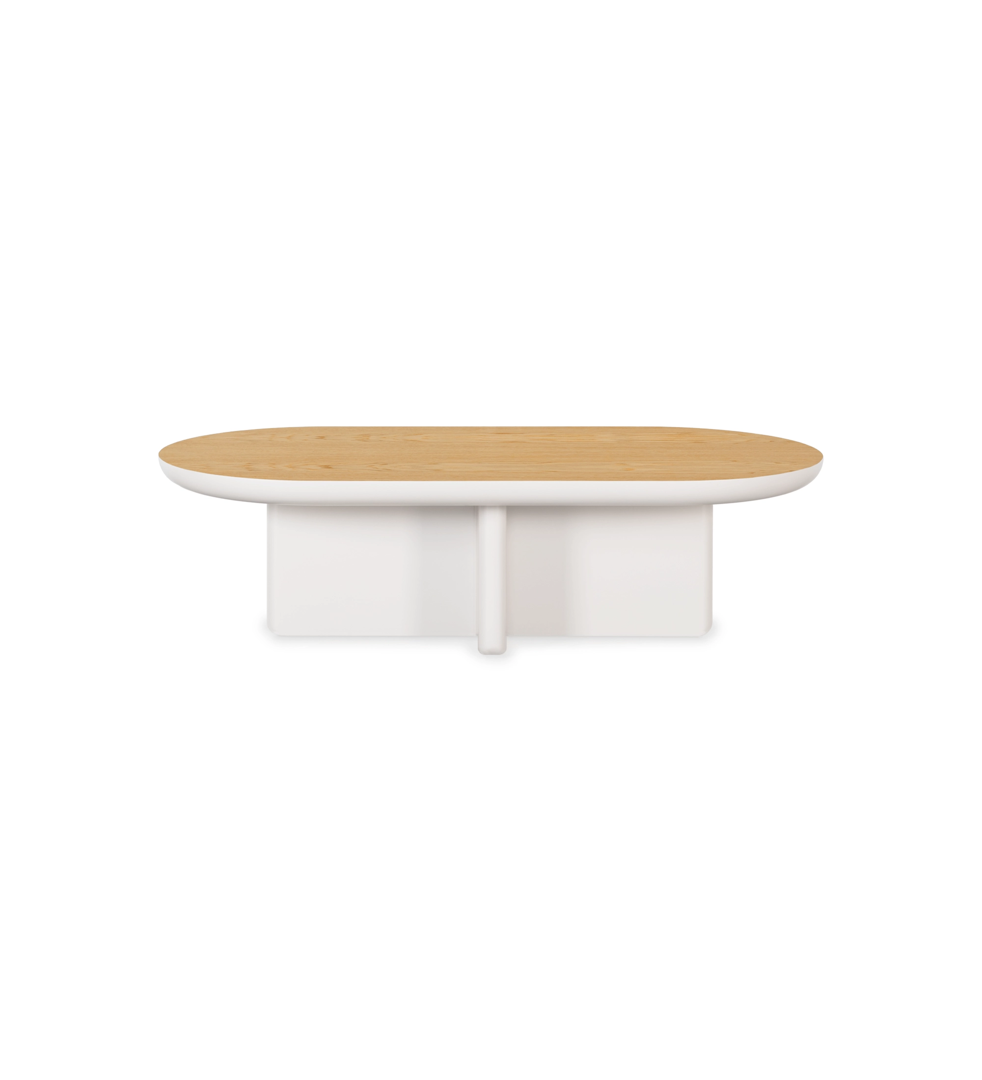 Table basse Mónaco rectangulaire, plateau en chêne naturel, piètement laqué perle, 120 x 60 cm.