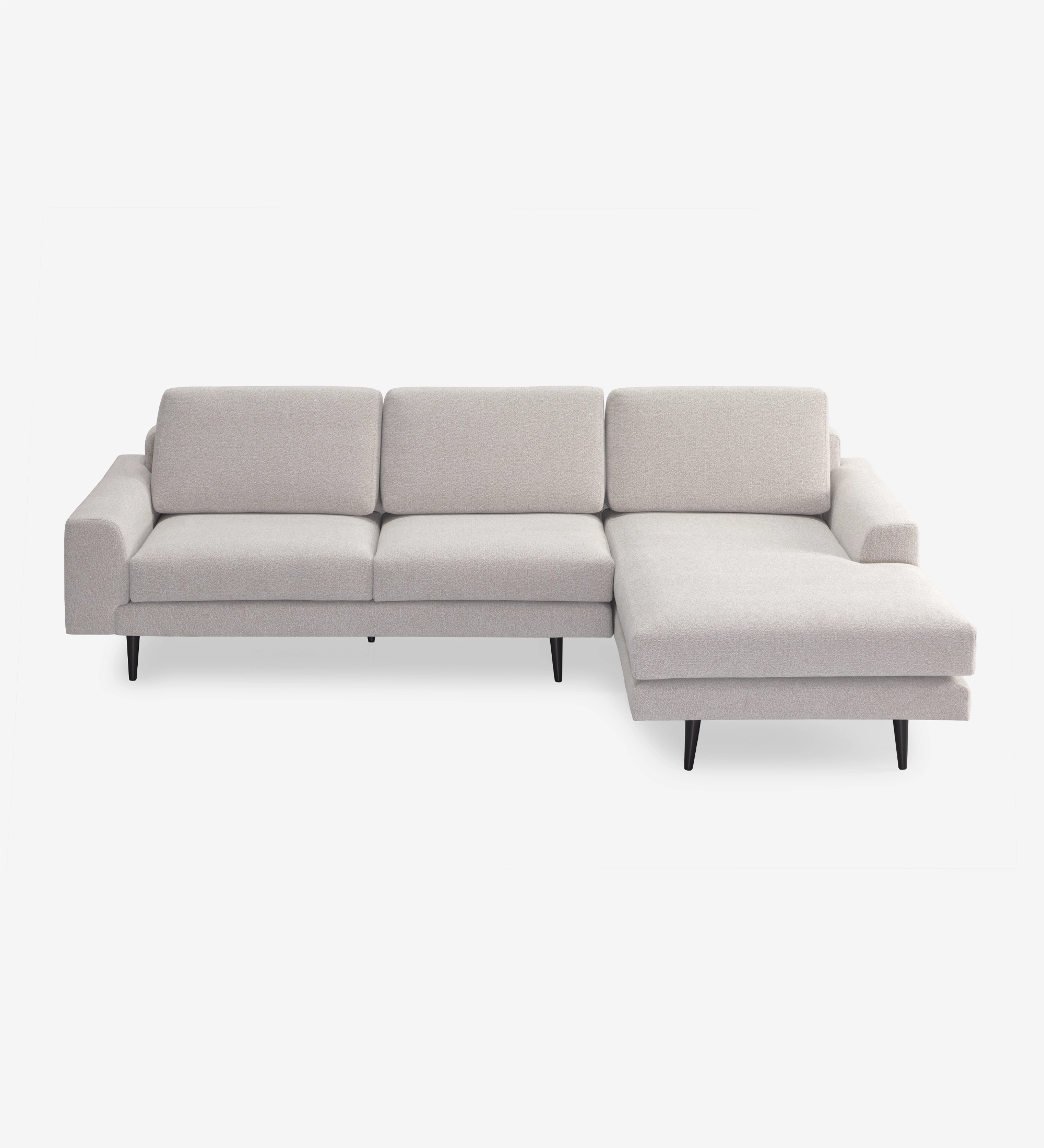 Sofá Oslo 2 lugares e chaise longue esquerda, estofado a tecido toffee, pés lacados a castanho escuro, 262 cm.