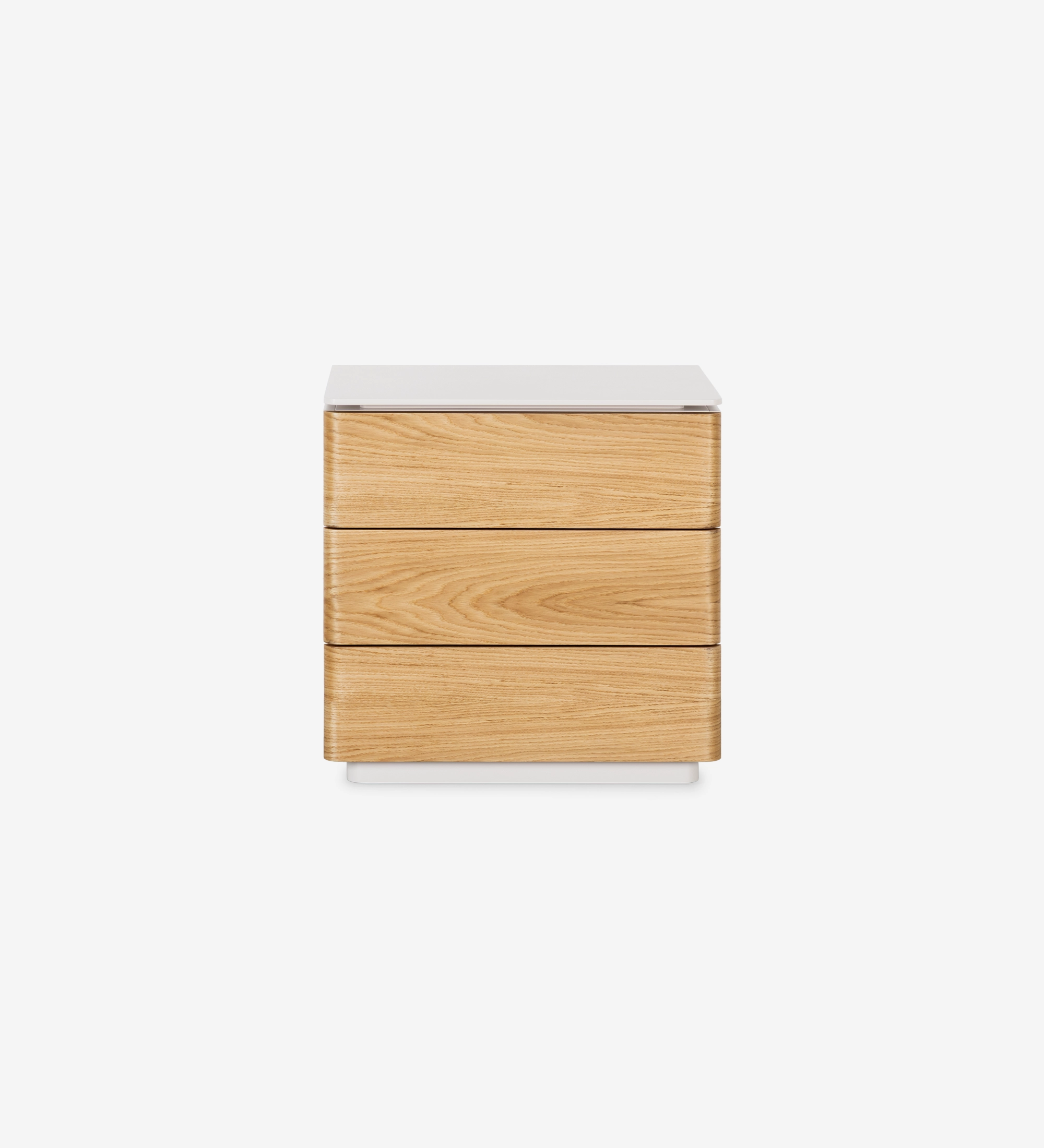 Bedside table with 3 drawers in natural oak, pearl lacquered frame.