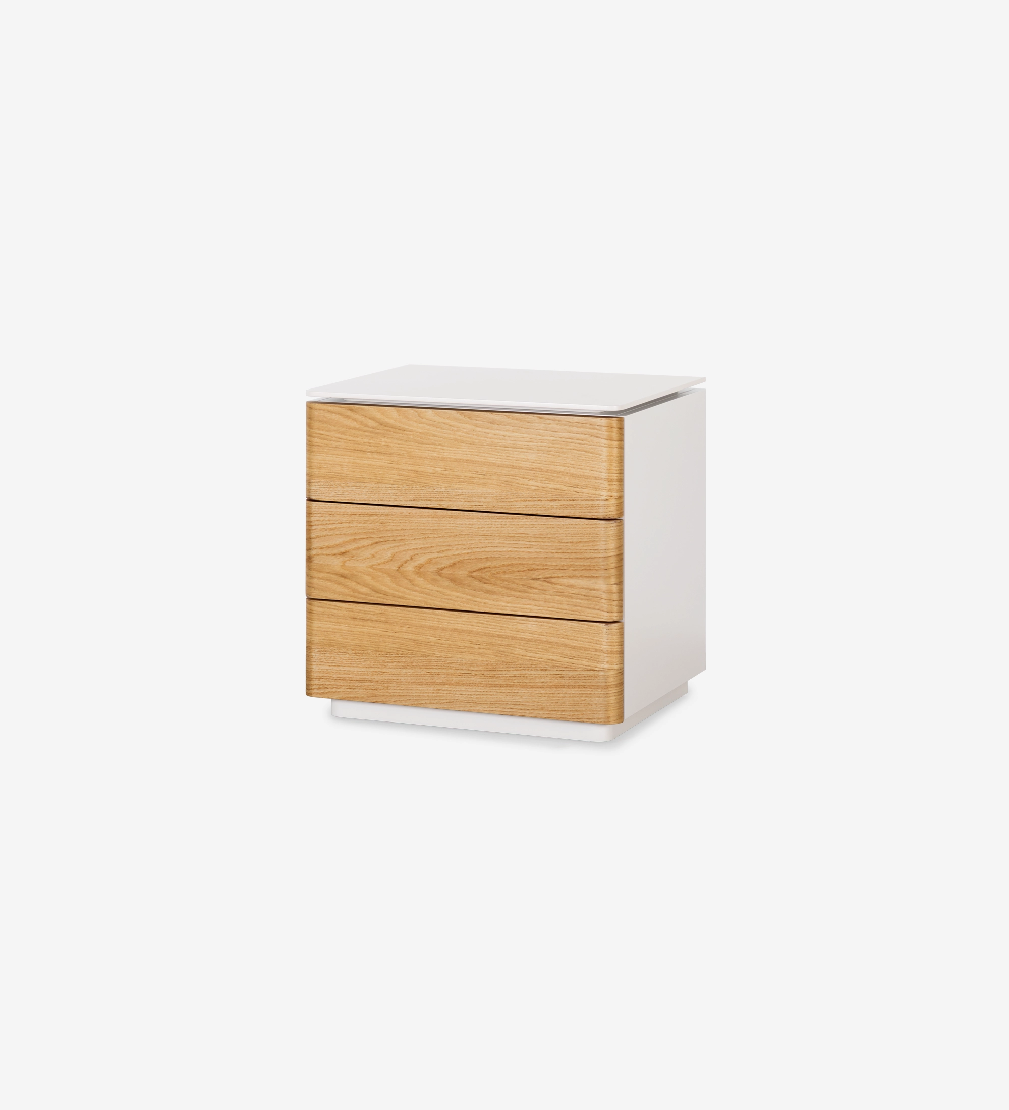 Bedside table with 3 drawers in natural oak, pearl lacquered frame.