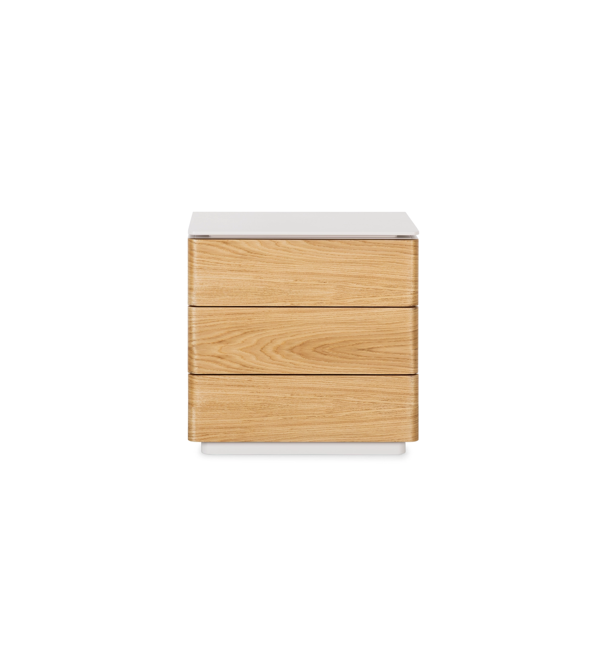Bedside table with 3 drawers in natural oak, pearl lacquered frame.