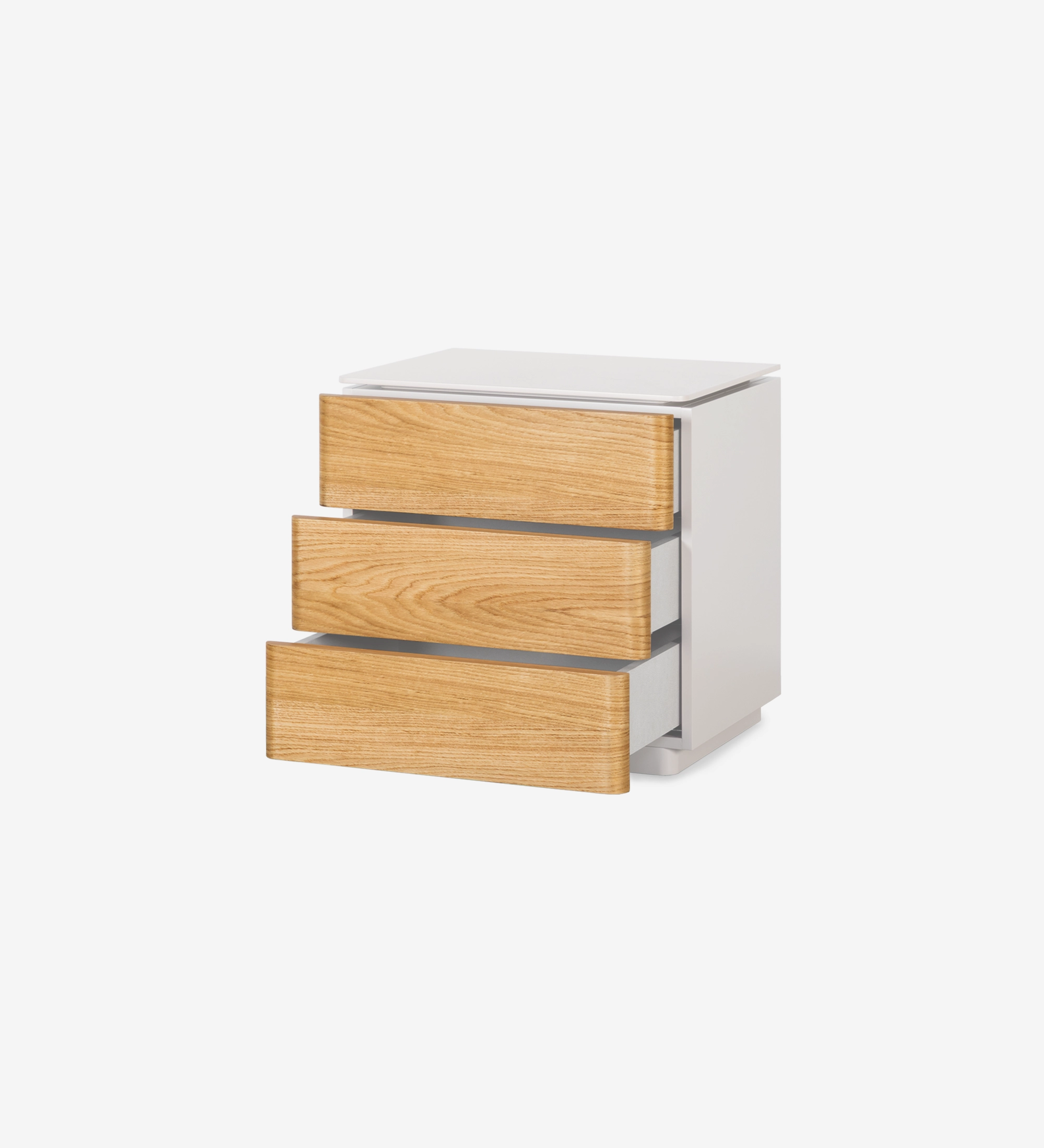 Bedside table with 3 drawers in natural oak, pearl lacquered frame.