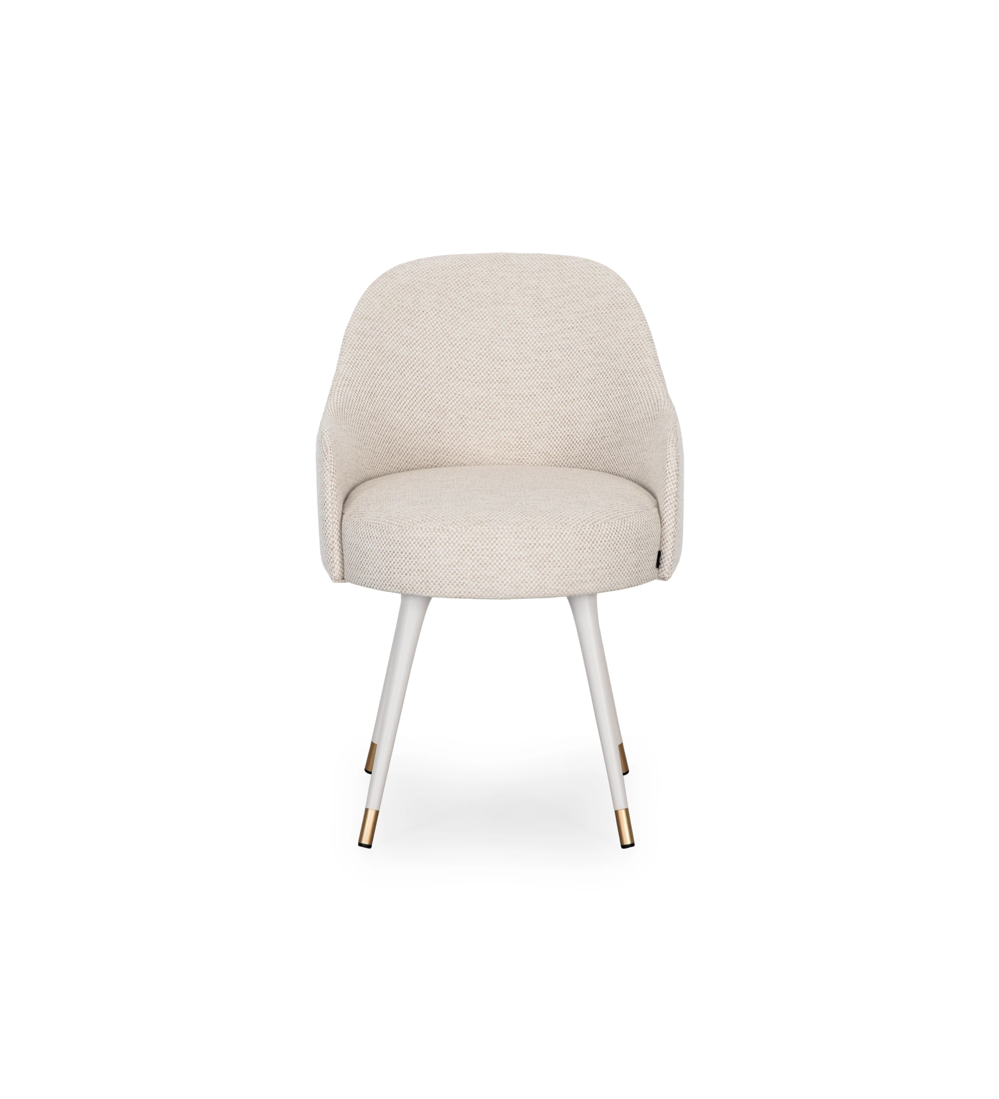 Silla giratoria tapizada en tejido beige, con pies lacados en perla y detalles dorados.