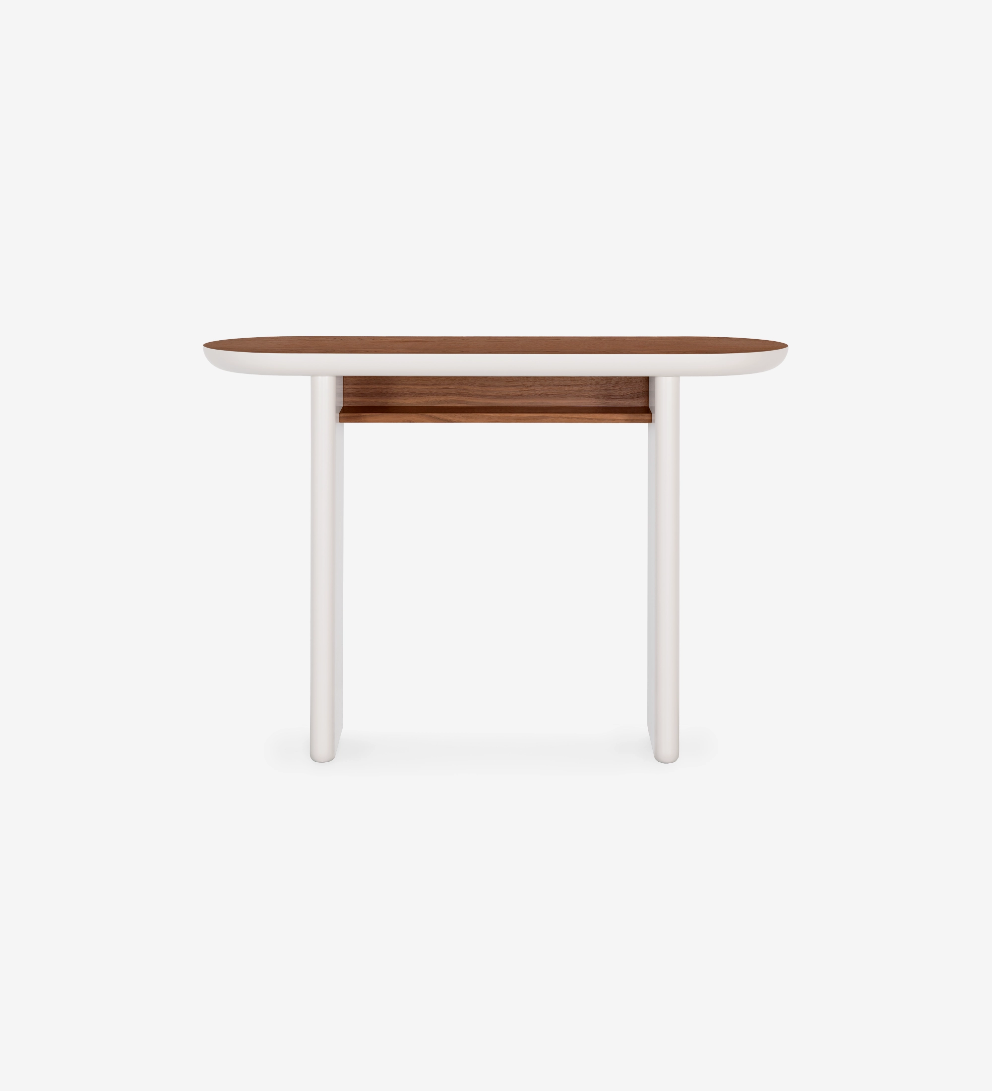 Paris console with top and shelf in natural-colored walnut and pearl lacquered legs.