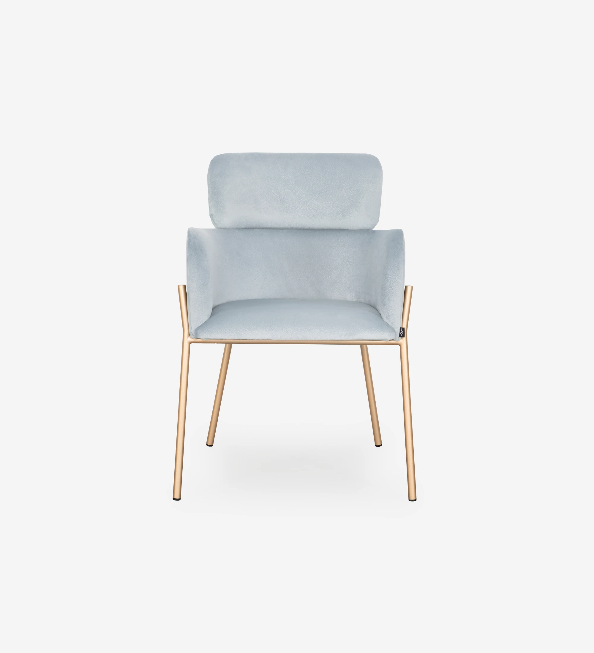 Chaise avec accoudoirs rembourrée en tissu bleu, avec structure métallique laquée en doré.