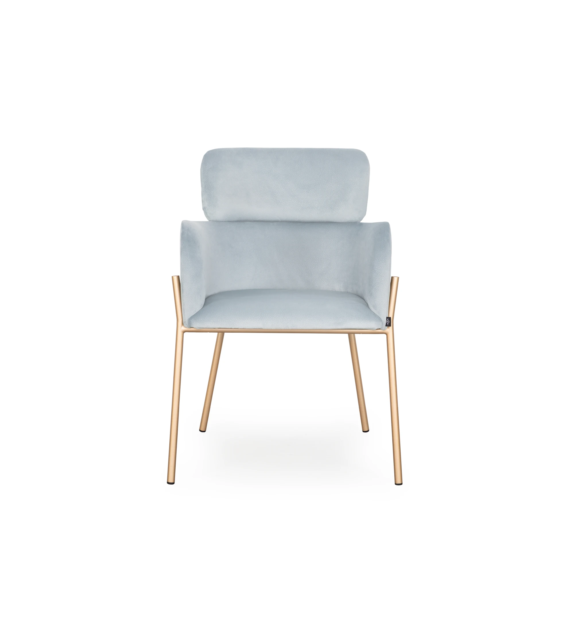 Silla con brazos tapizada en tejido azul, con estructura metálica lacada en dorado.