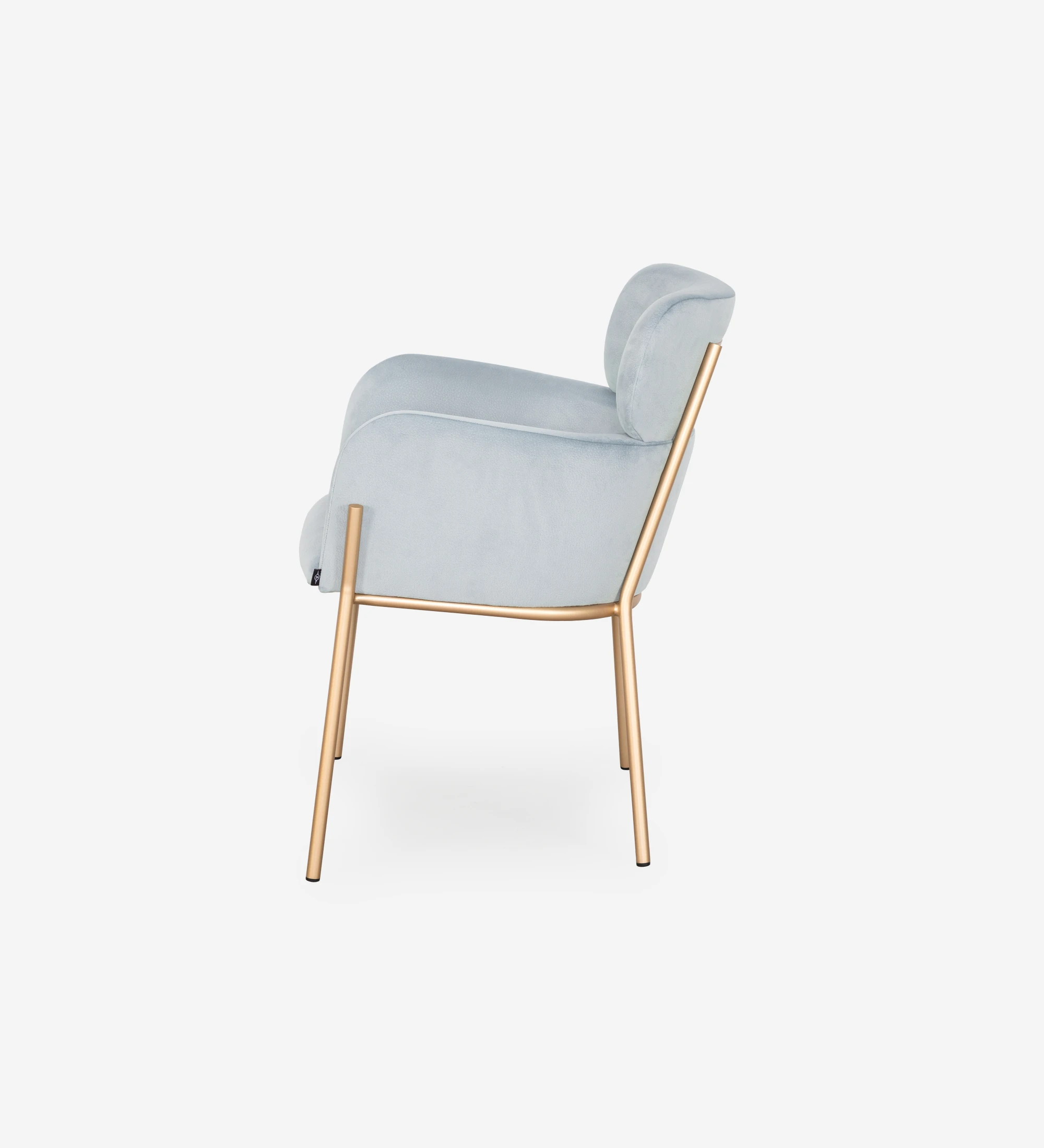 Chaise avec accoudoirs rembourrée en tissu bleu, avec structure métallique laquée en doré.