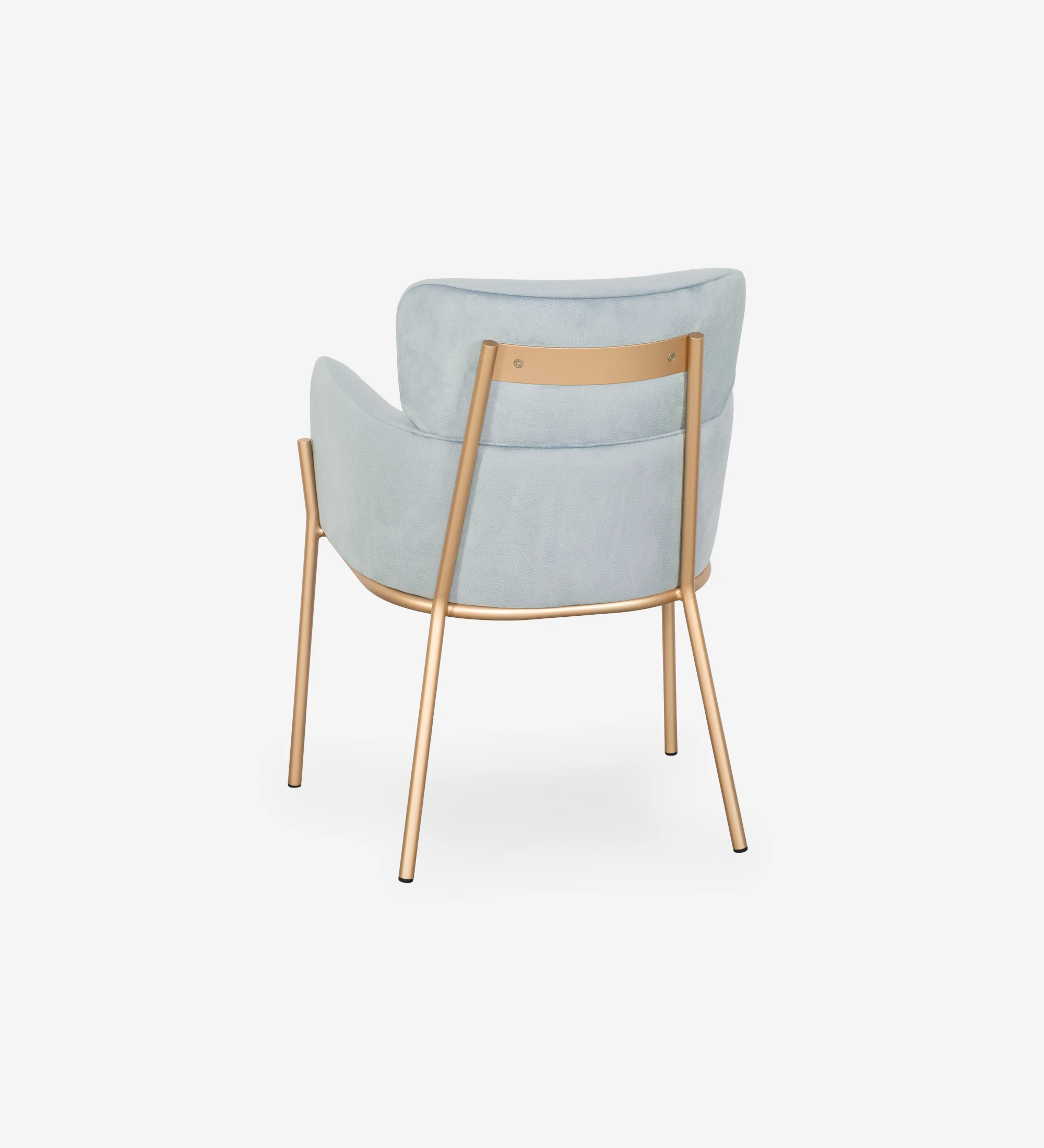 Chaise avec accoudoirs rembourrée en tissu bleu, avec structure métallique laquée en doré.