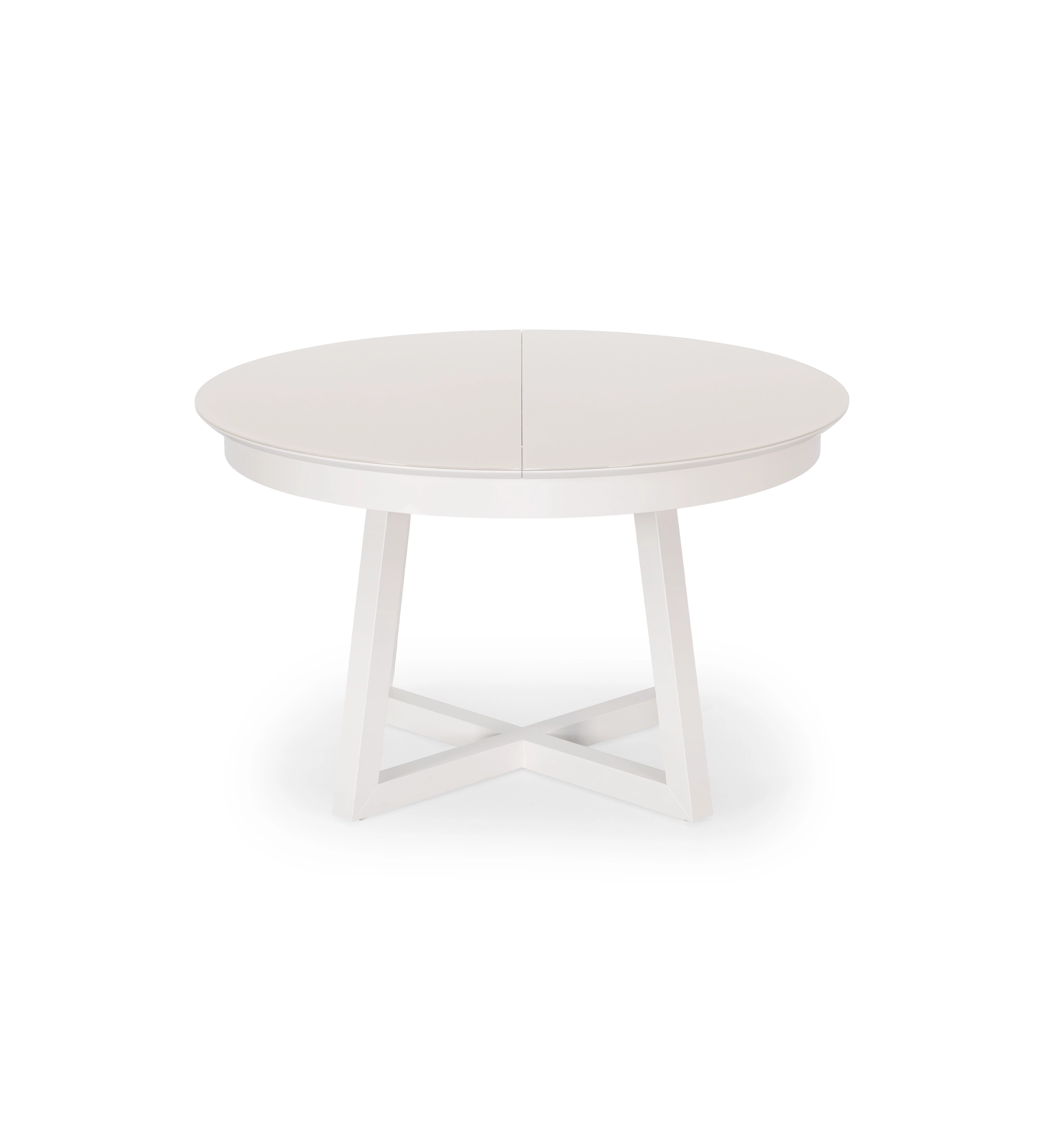 Round extendable dining table in pearl lacquer with glass top and pearl lacquer extension.