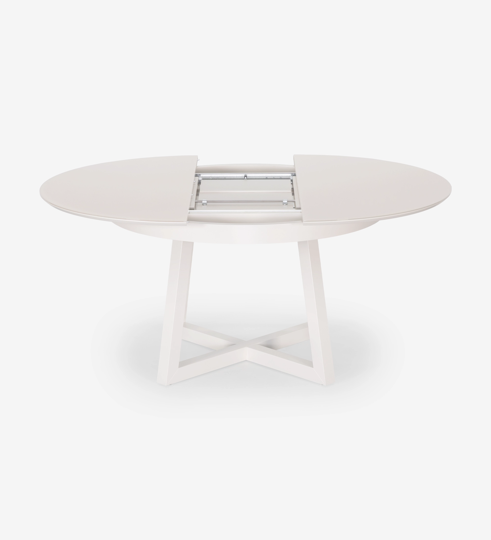Mesa de comedor redonda extensible en lacado perla con tapa de cristal y extensión en lacado perla.