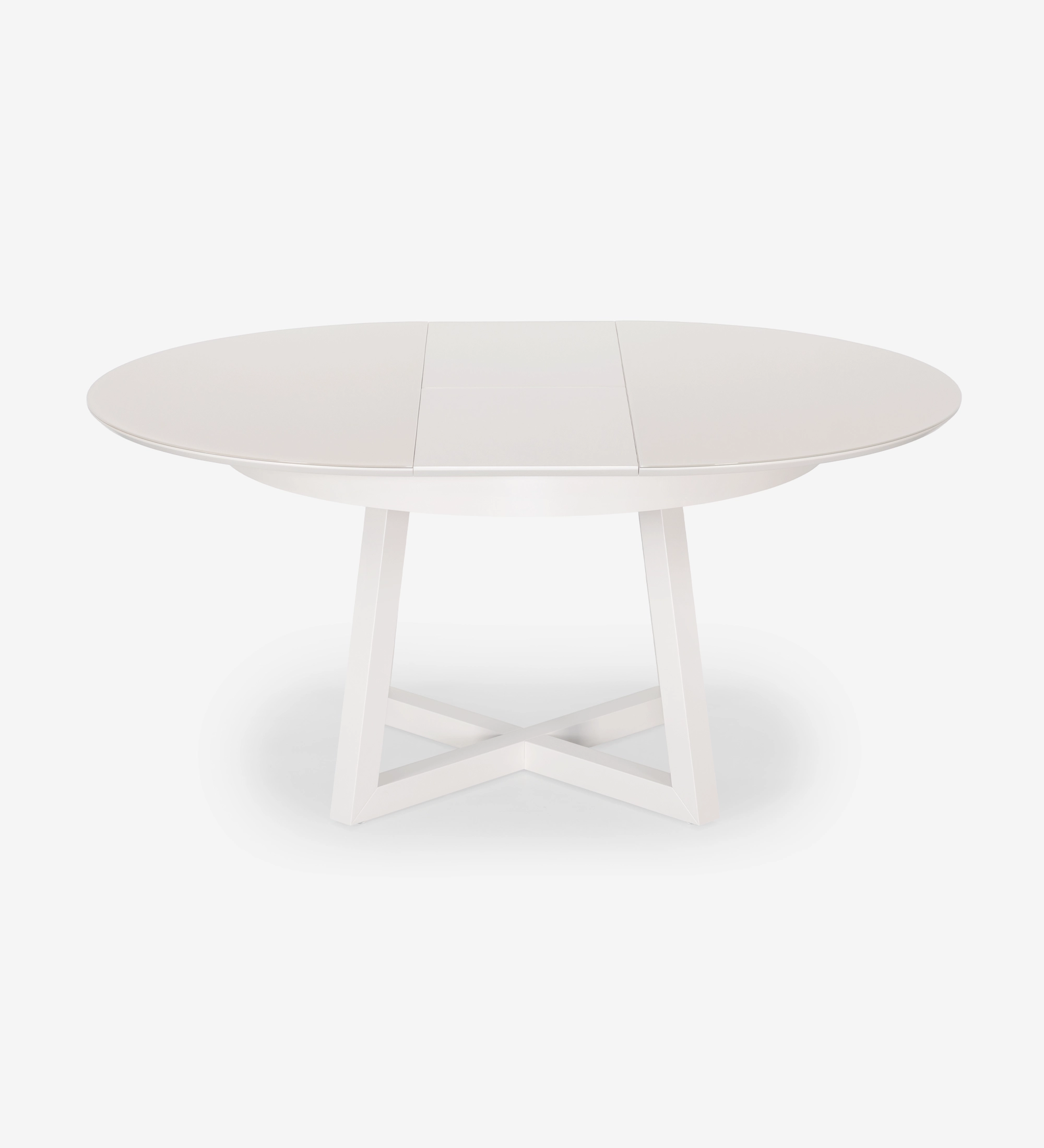 Mesa de comedor redonda extensible en lacado perla con tapa de cristal y extensión en lacado perla.