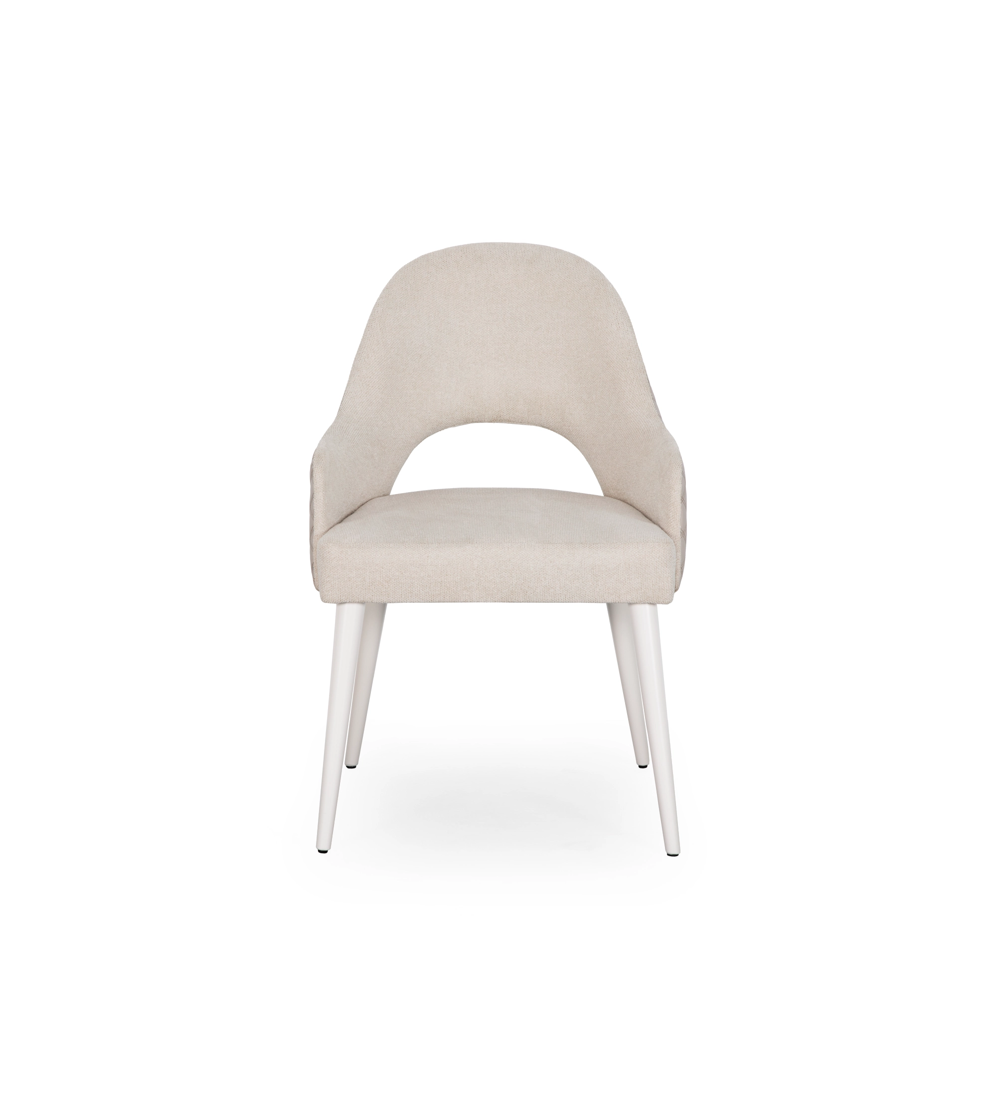 Chaise avec accoudoirs tapissés de tissu beige, avec pieds en laque perle. 