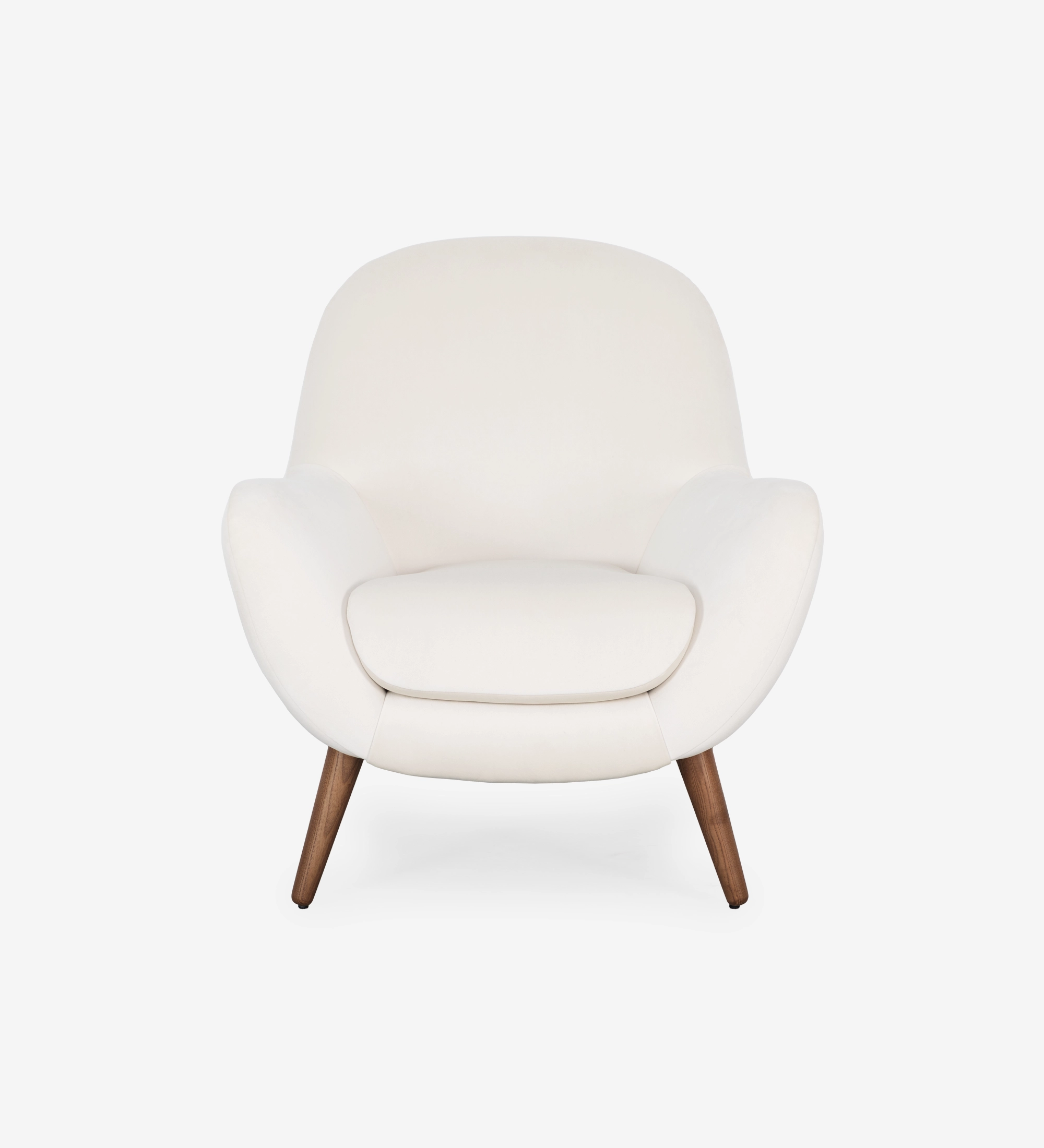 Oslo armchair upholstered in pearl fabric with walnut-stained ash wood legs.