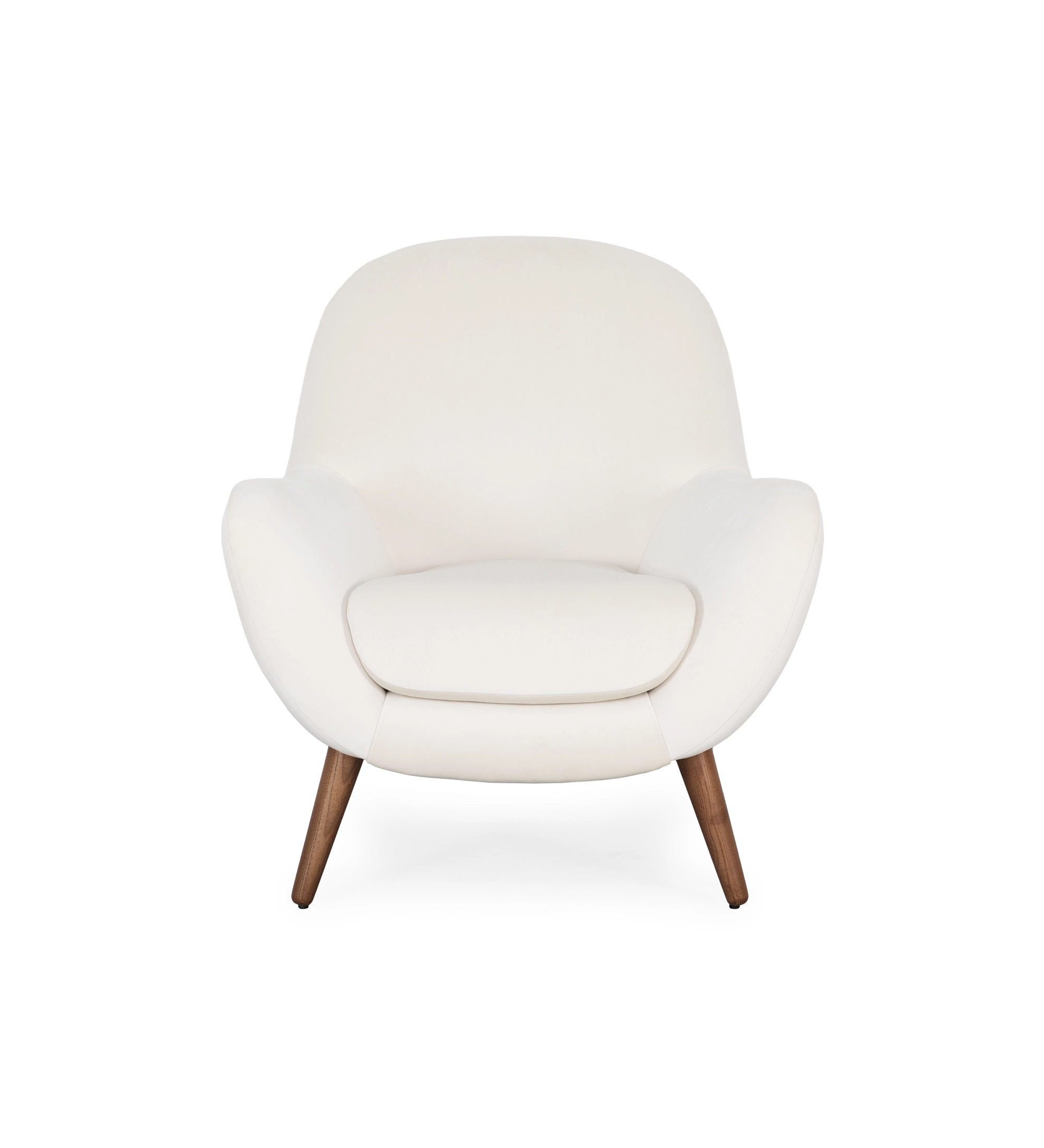 Oslo armchair upholstered in pearl fabric with walnut-stained ash wood legs.