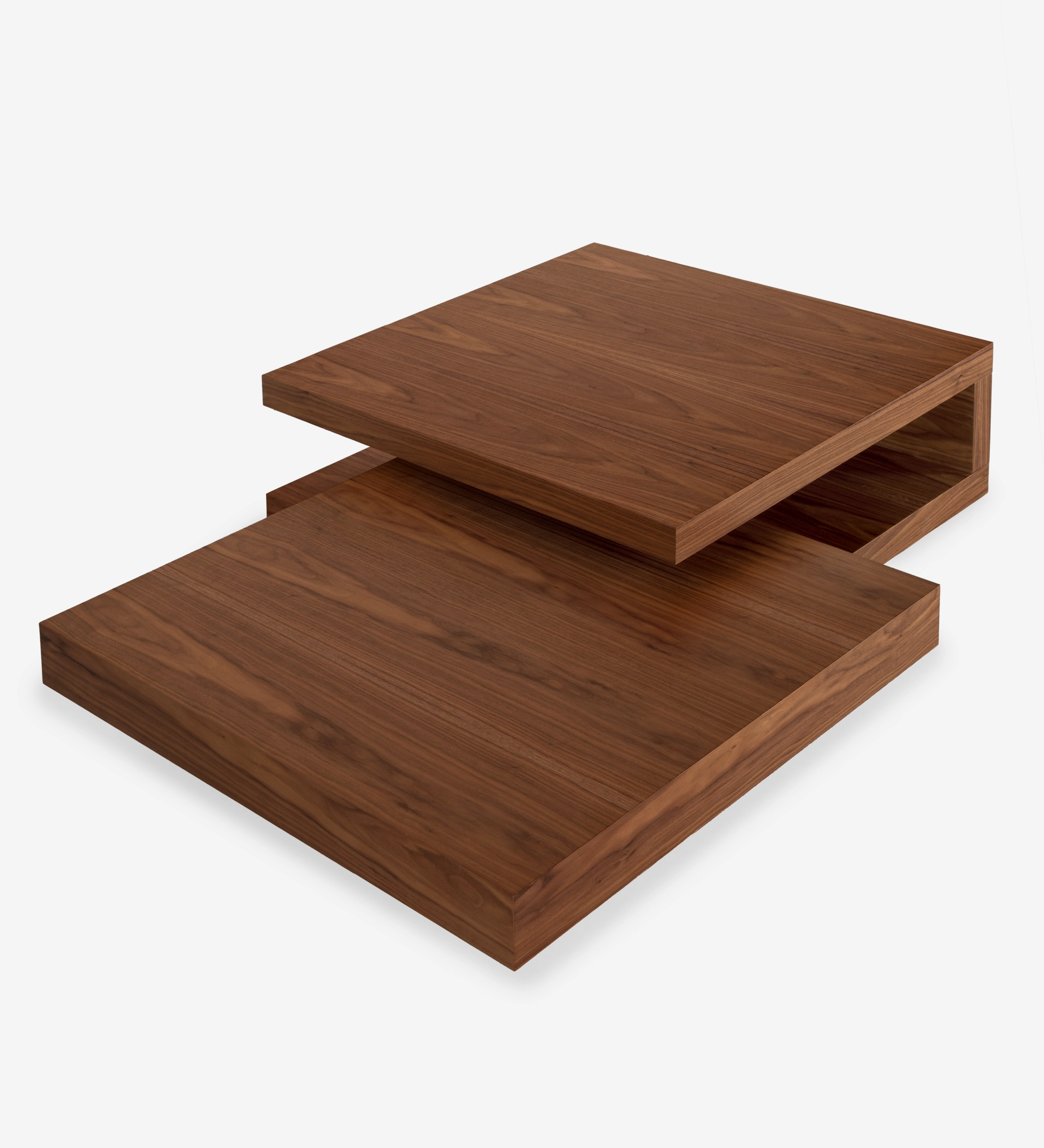 Nice coffee table set with low square table and square table with 2 tops in natural walnut, 90x90cm + 90x90cm