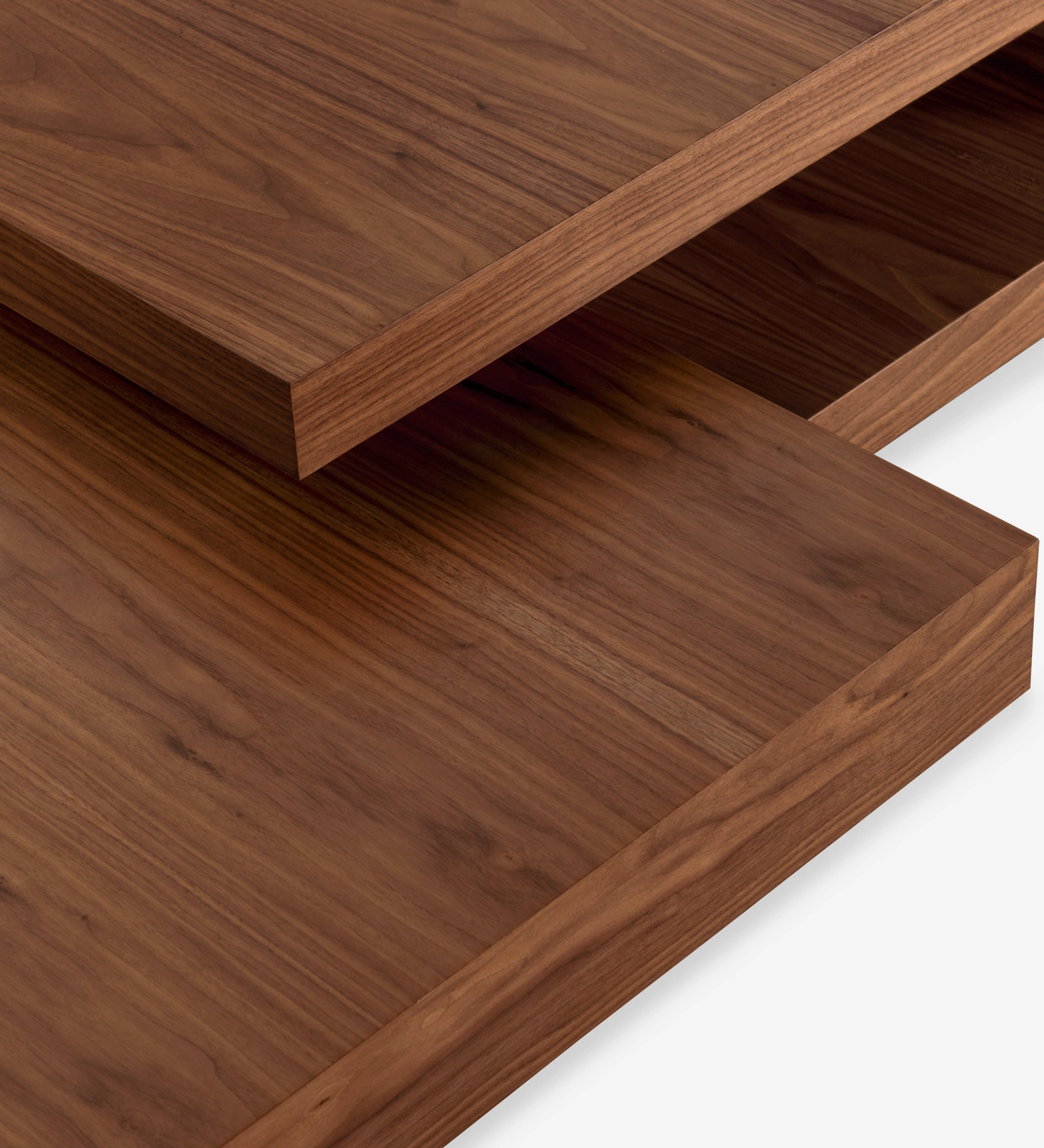 Nice coffee table set with low square table and square table with 2 tops in natural walnut, 90x90cm + 90x90cm