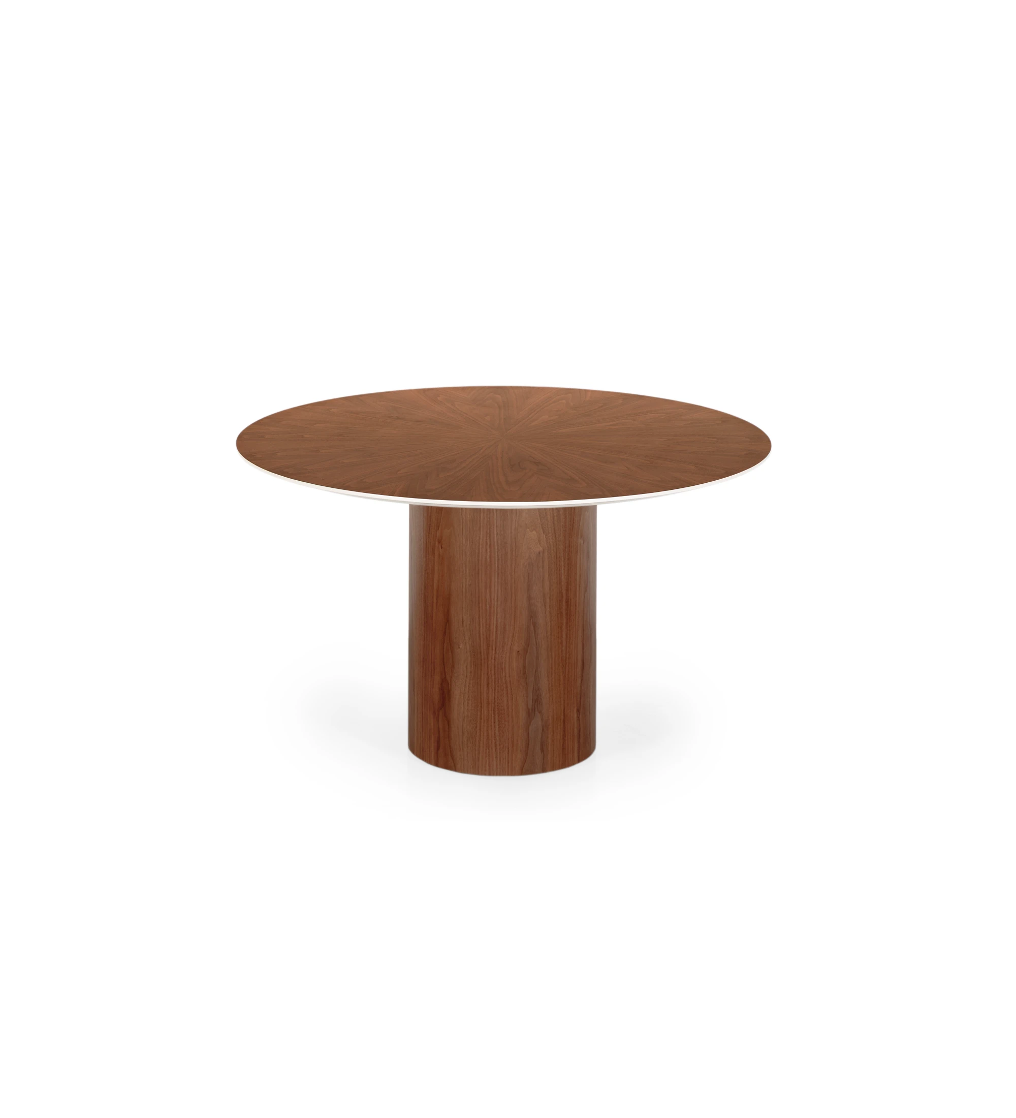 Mesa de comedor Geneve redonda Ø 130 cm, sobre en espiga y base en nogal natural, detalle del sobre lacado en perla.
