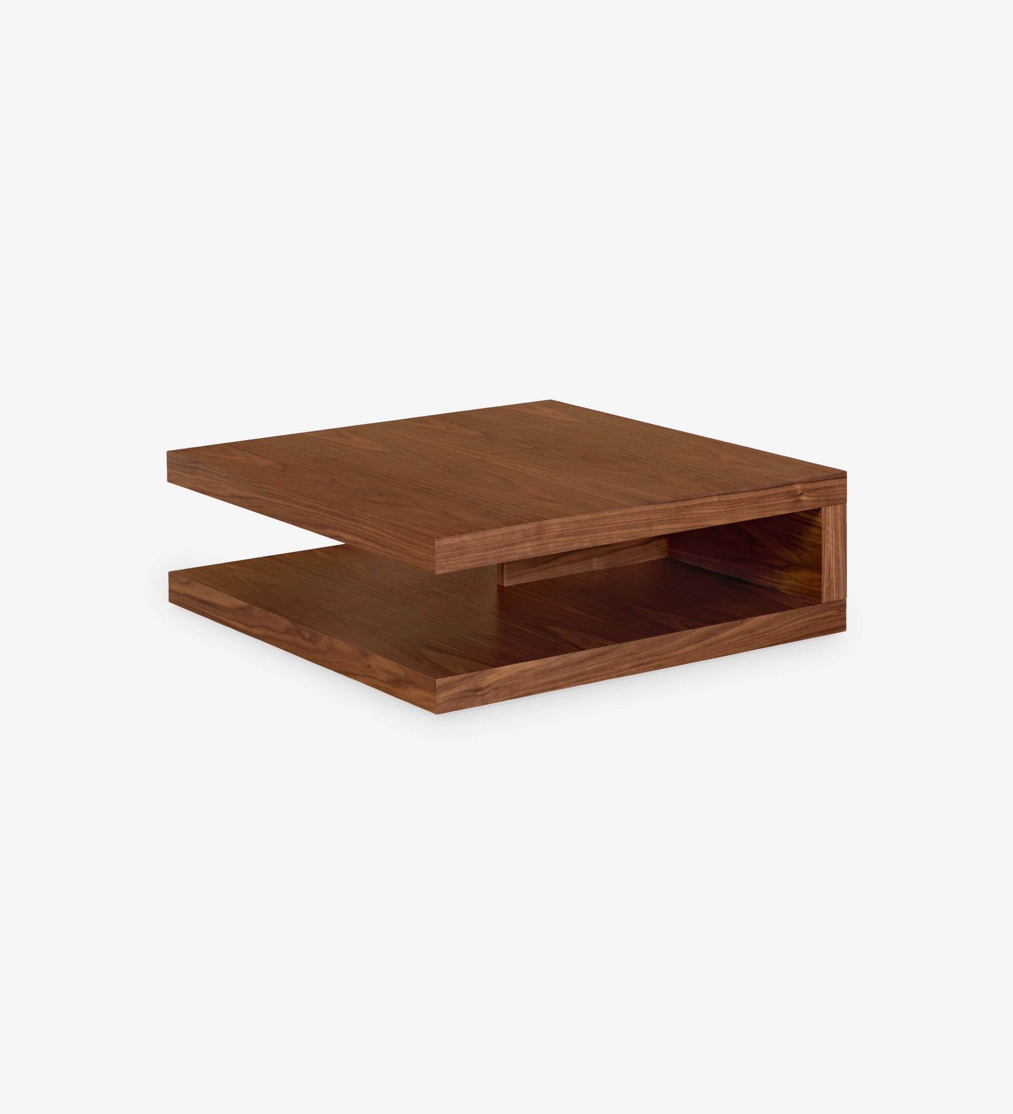 Nice square center table, 2 natural walnut tops, 90 x 90 cm.