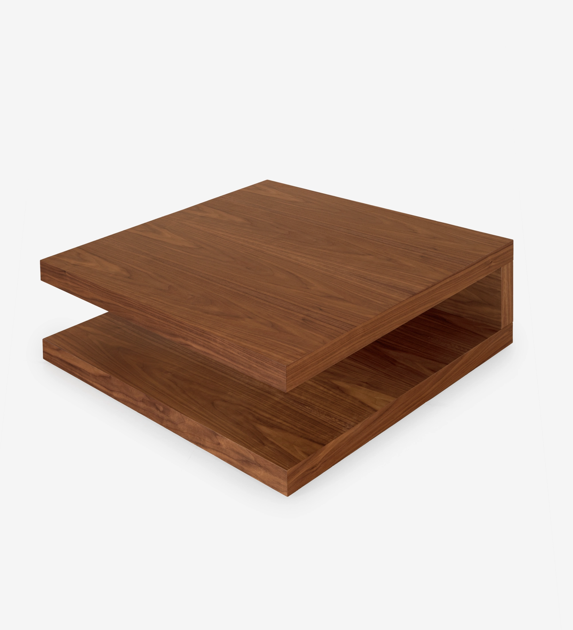 Nice square center table, 2 natural walnut tops, 90 x 90 cm.