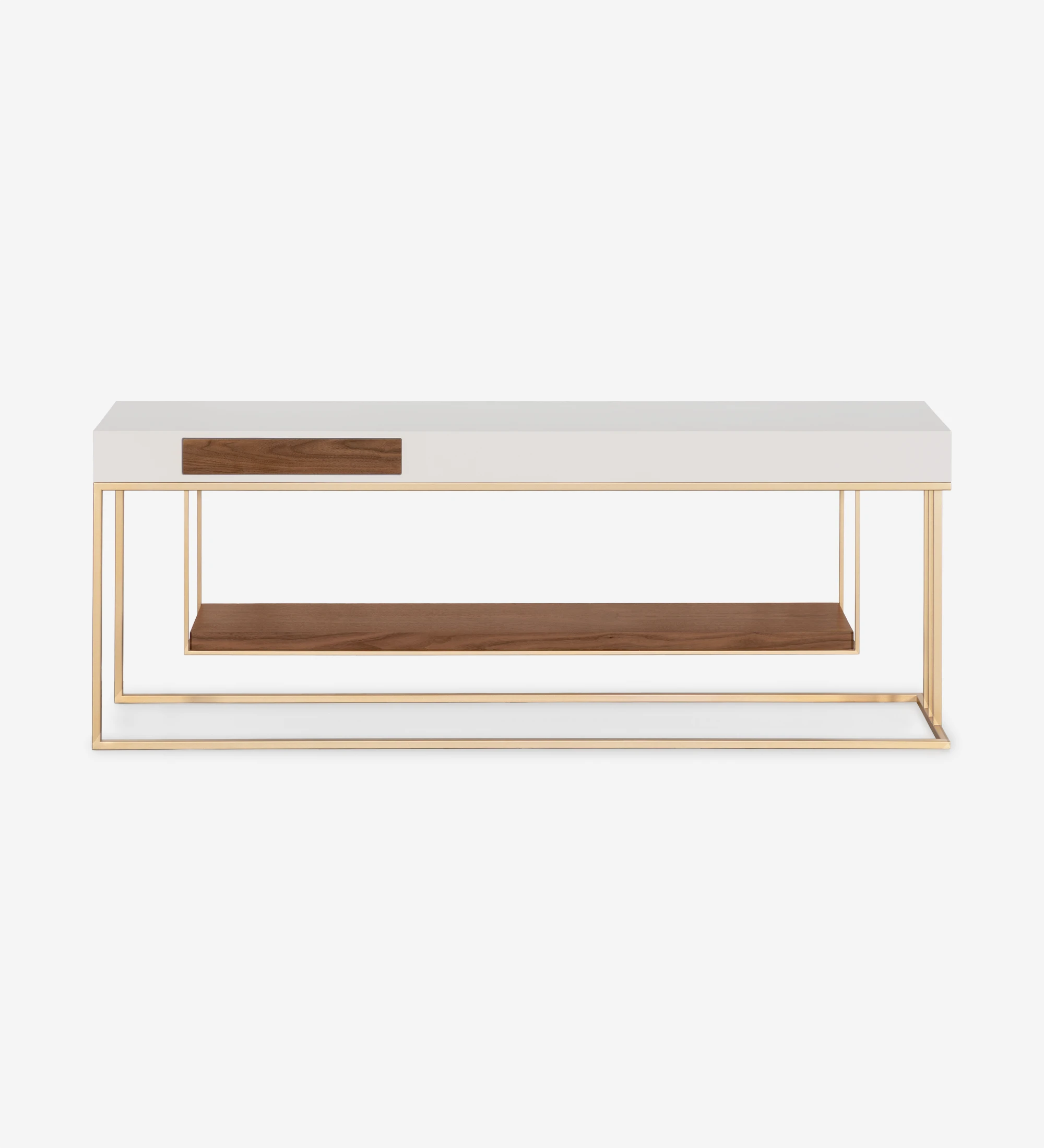 Double-sided console, with drawer on each side and natural walnut shelf, pearl lacquered structure and golden lacquered metal foot.