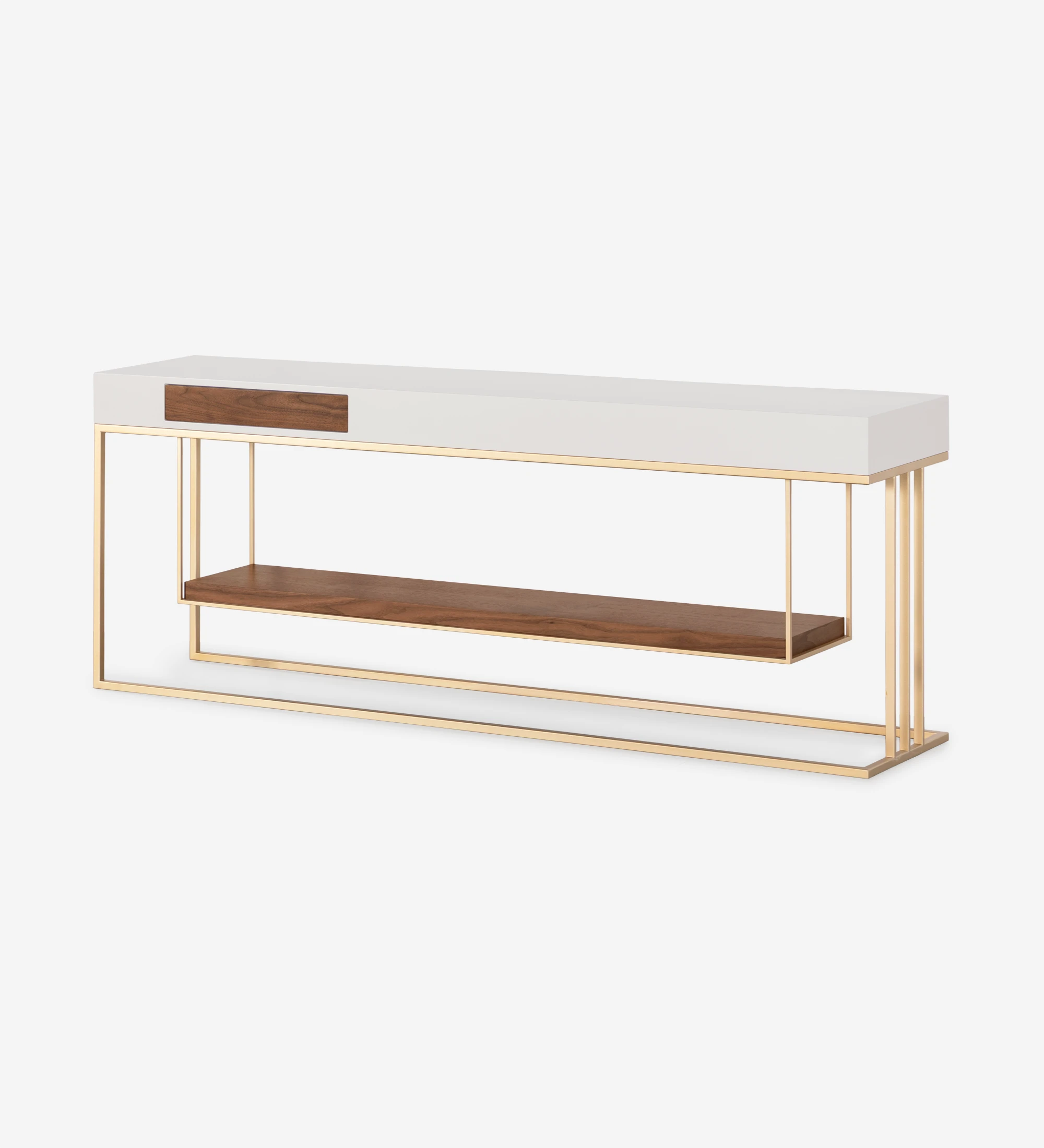 Double-sided console, with drawer on each side and natural walnut shelf, pearl lacquered structure and golden lacquered metal foot.