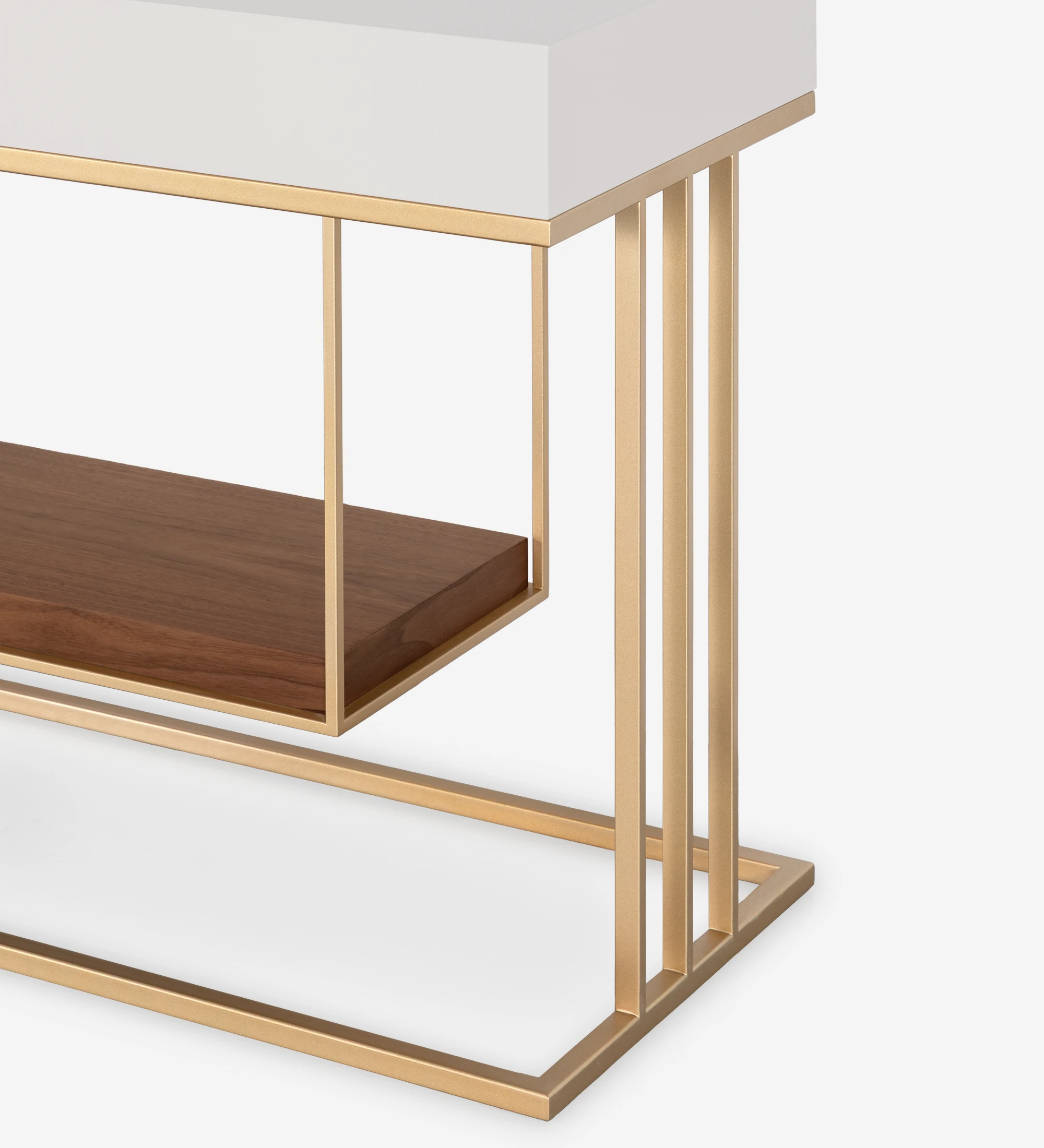 Double-sided console, with drawer on each side and natural walnut shelf, pearl lacquered structure and golden lacquered metal foot.