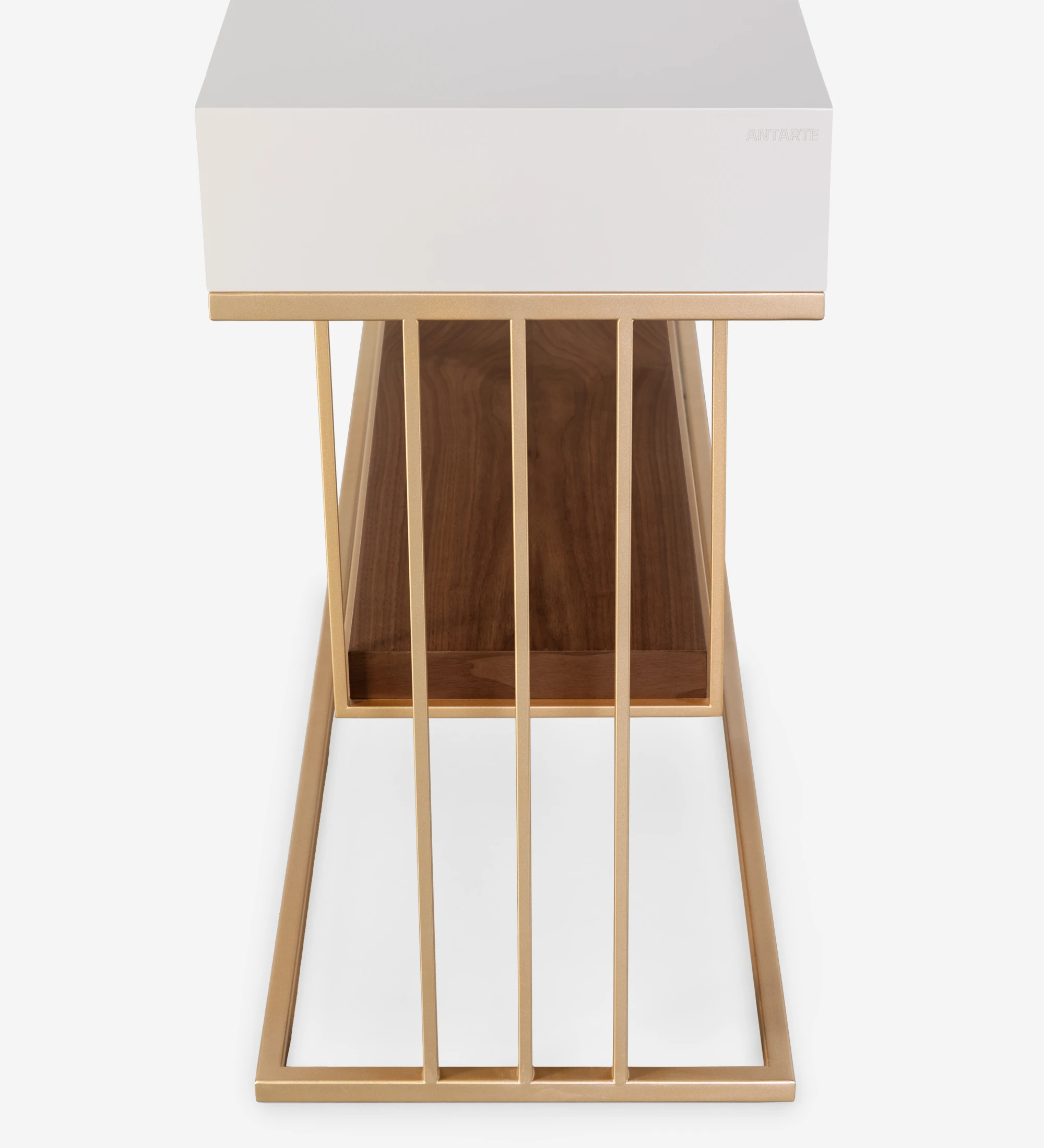 Double-sided console, with drawer on each side and natural walnut shelf, pearl lacquered structure and golden lacquered metal foot.