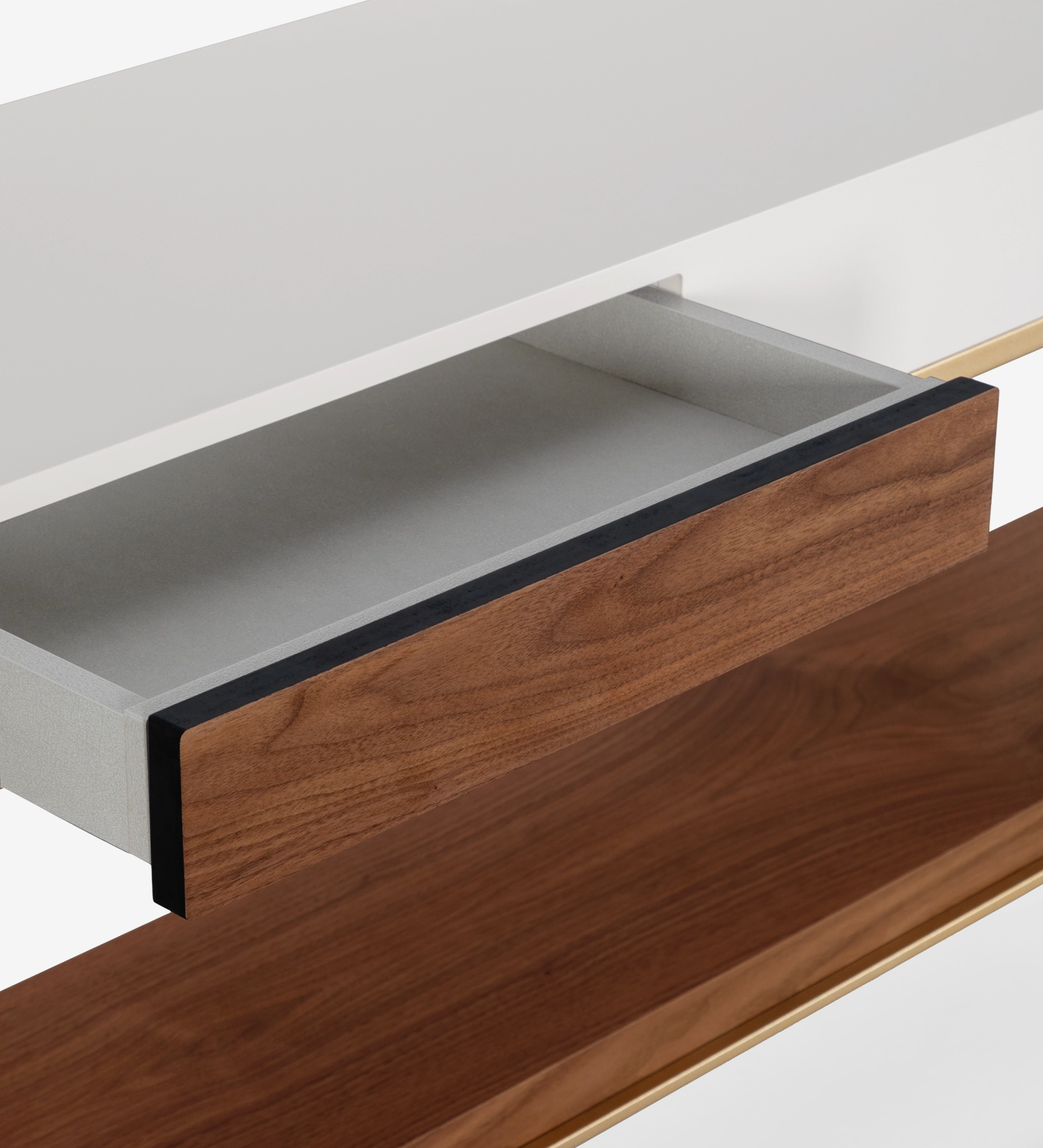 Double-sided console, with drawer on each side and natural walnut shelf, pearl lacquered structure and golden lacquered metal foot.