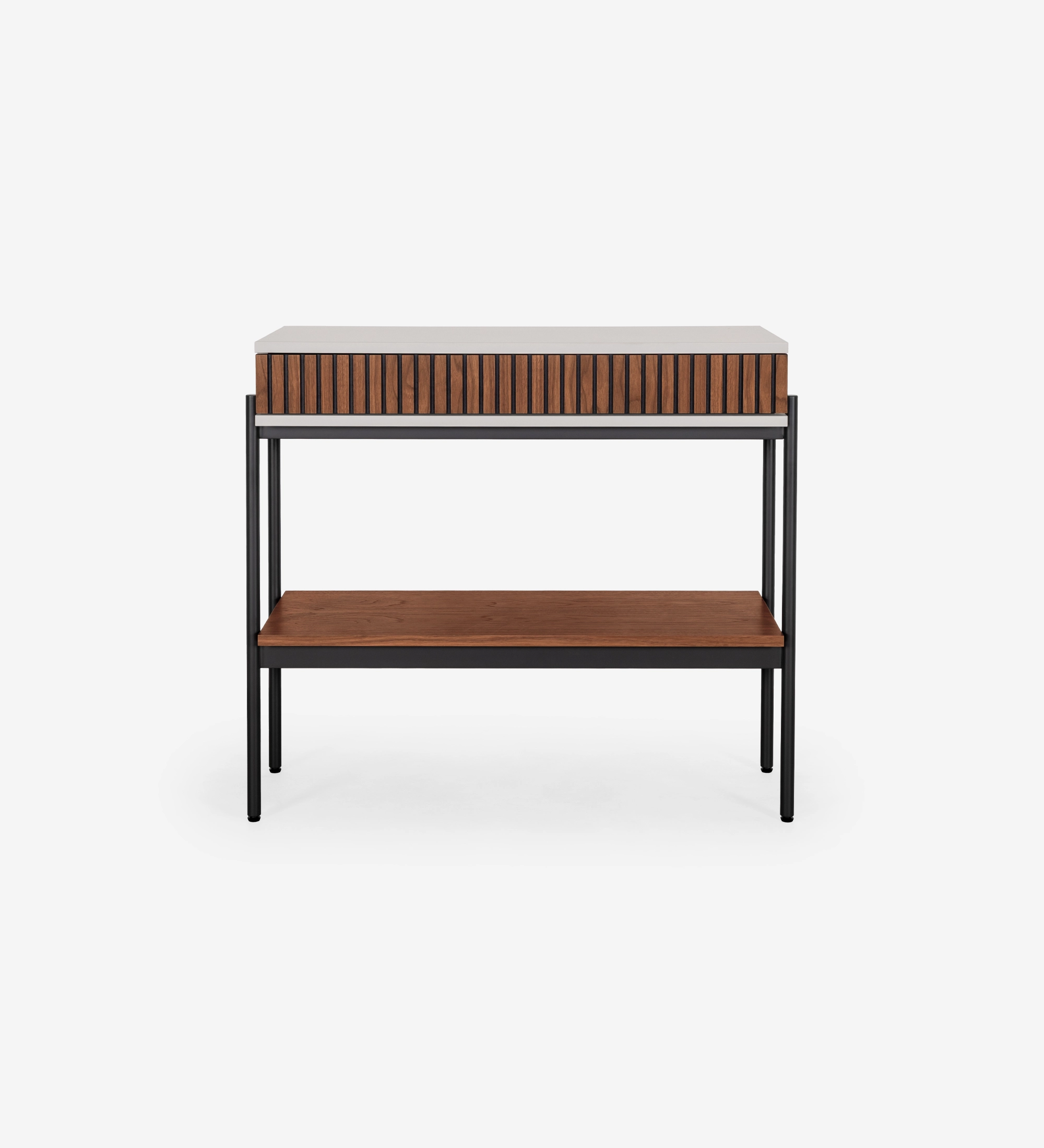 Console with drawer and shelf in natural walnut, pearl structure and black lacquered metal feet with levelers.