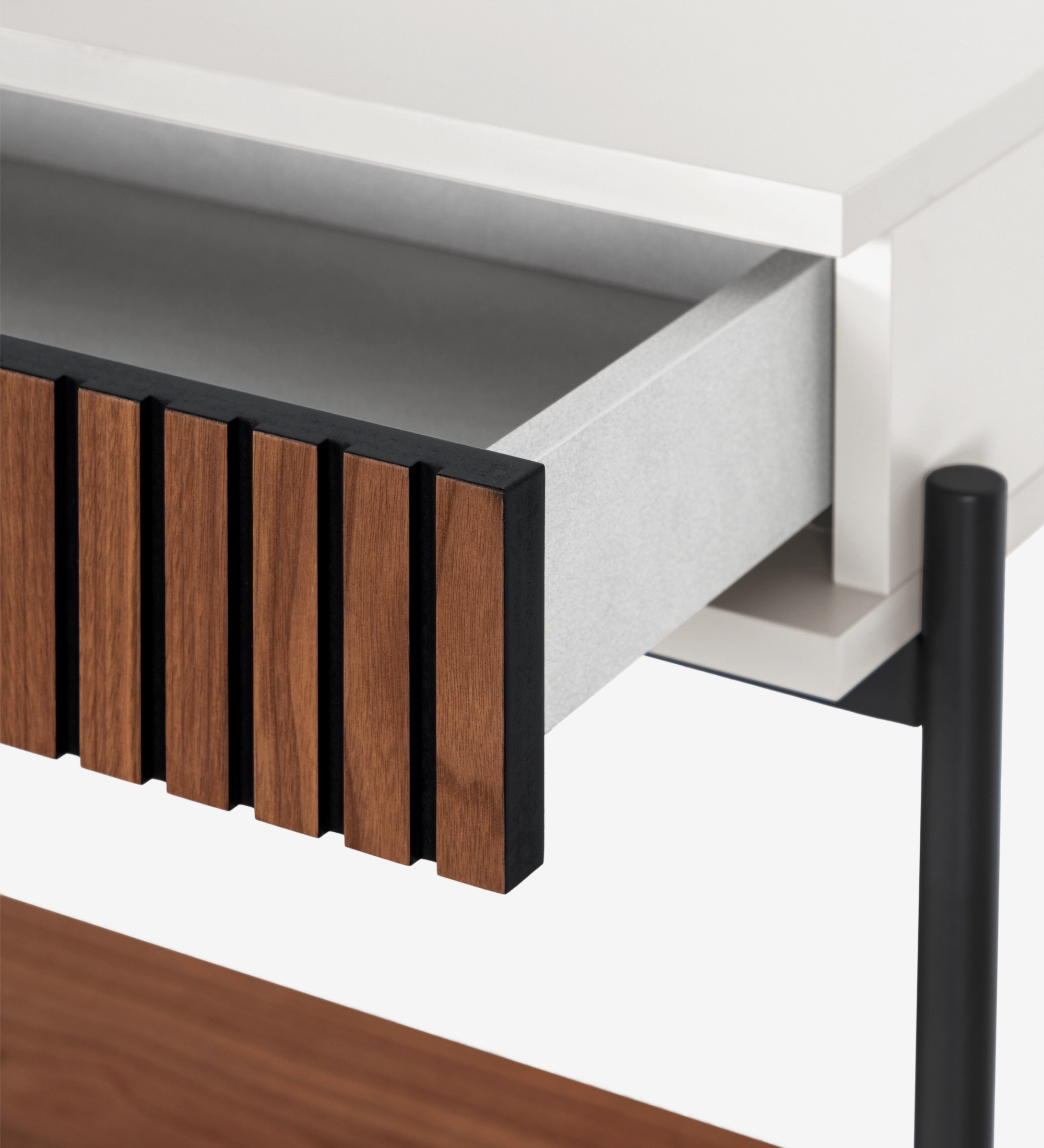 Console with drawer and shelf in natural walnut, pearl structure and black lacquered metal feet with levelers.