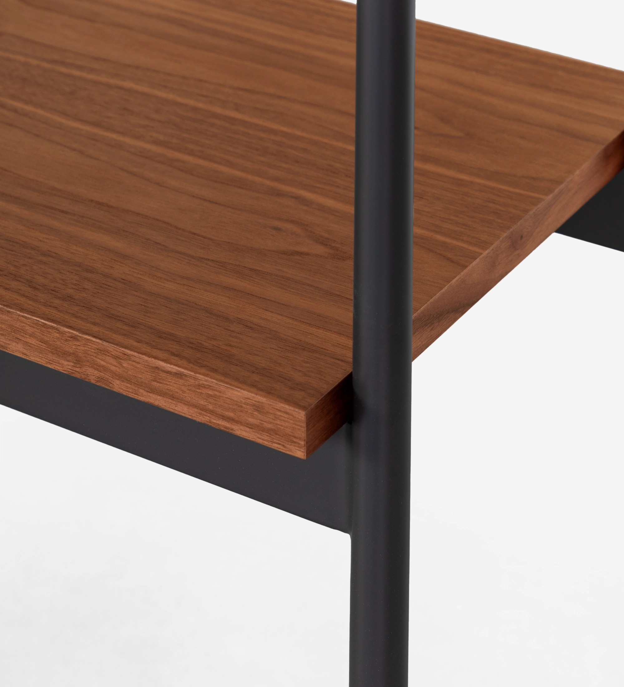 Console with drawer and shelf in natural walnut, pearl structure and black lacquered metal feet with levelers.